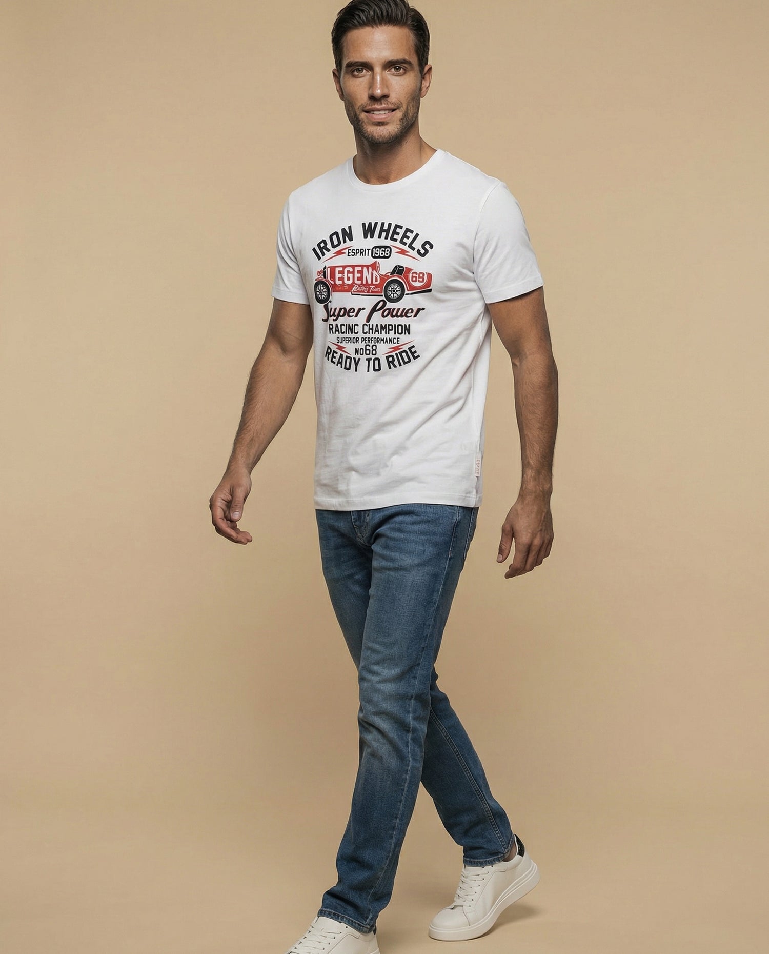 Camiseta manga corta con estampado racing Iron Wheels - Blanco