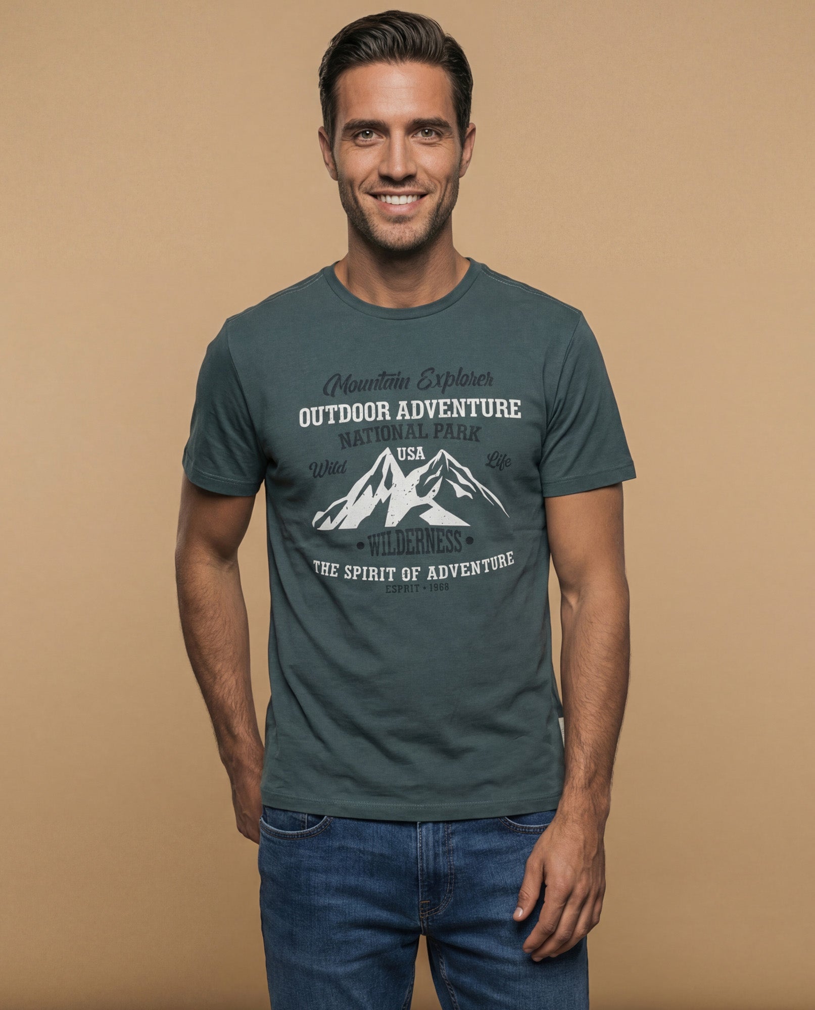 Camiseta manga corta con estampado gráfico de montaña para hombre - Verde 34_345F313_VER156123_0