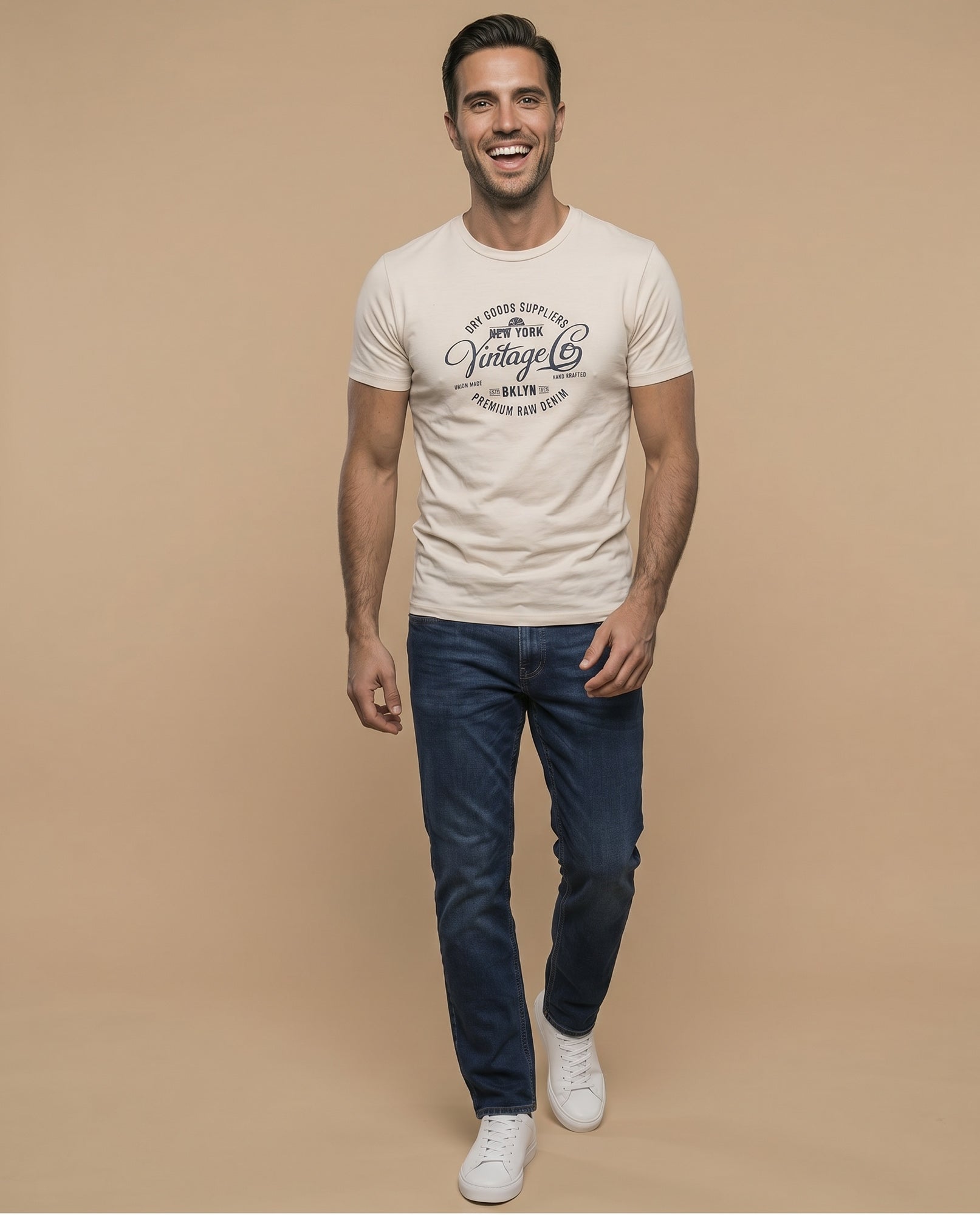 Camiseta manga corta con estampado gráfico vintage para hombre - Beige 34_345F339_BEI130607_5