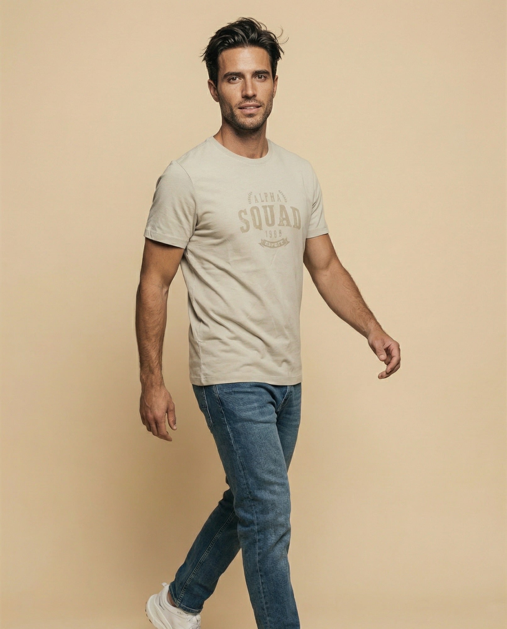 Camiseta unisex con estampado tipográfico manga corta - Beige 34_345G311_BEI130607_2