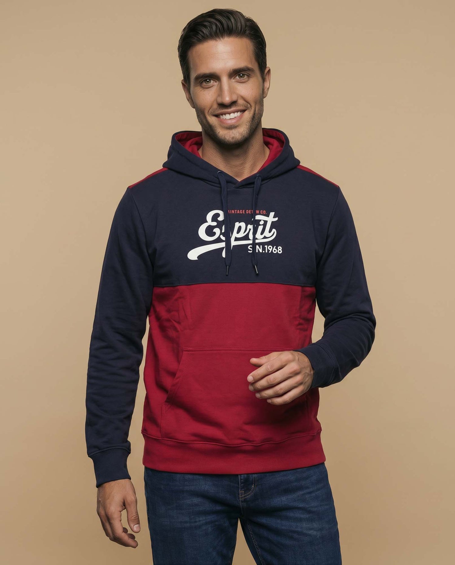 Sudadera con capucha y estampado en bloques de color para hombre - Rojo