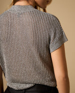 Camiseta tejida con hilos metálicos manga larga cuello redondo - Gris