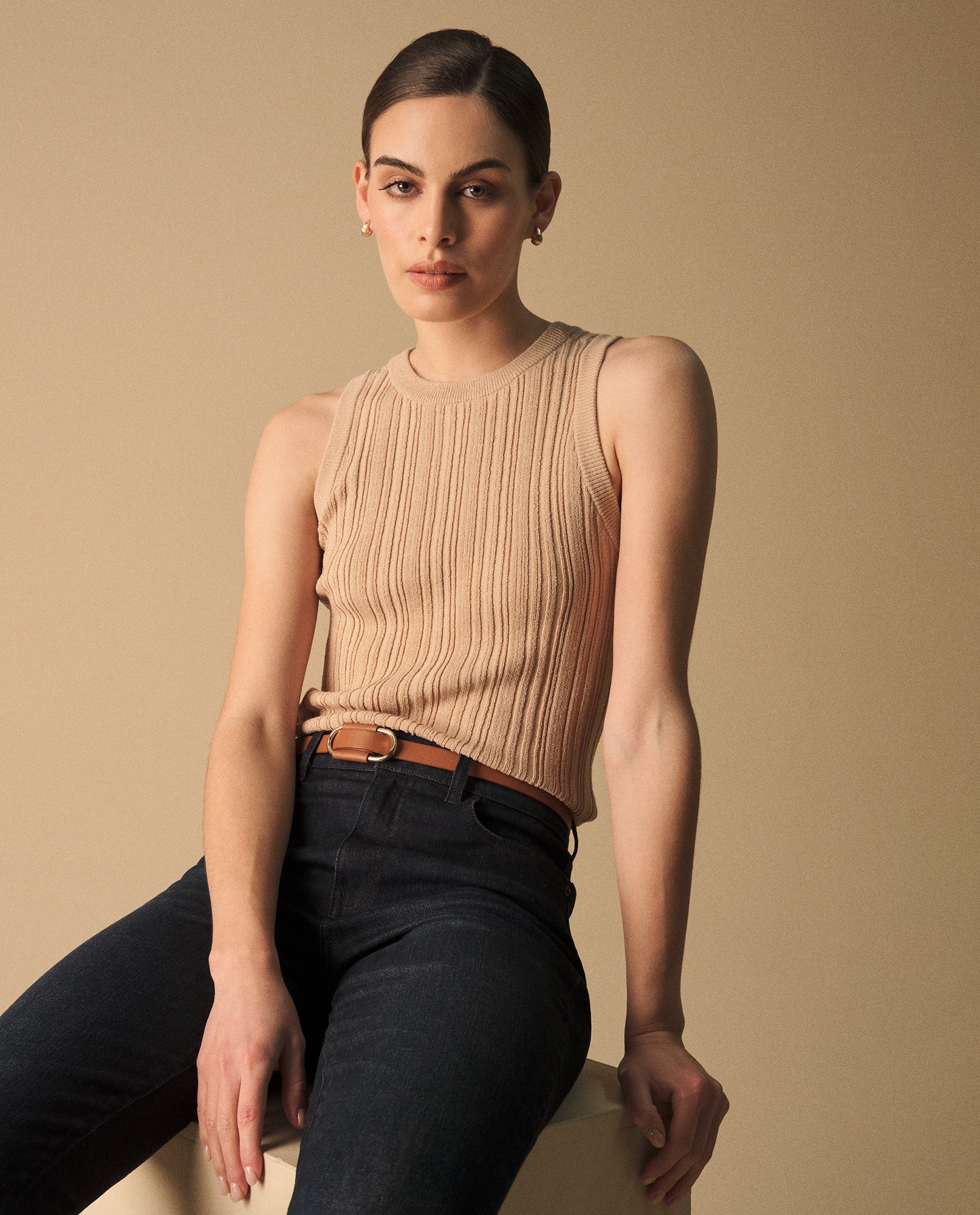 Camiseta Acanalada Beige Sin Mangas Premium - Beige 34_409G207_BEI130607_0