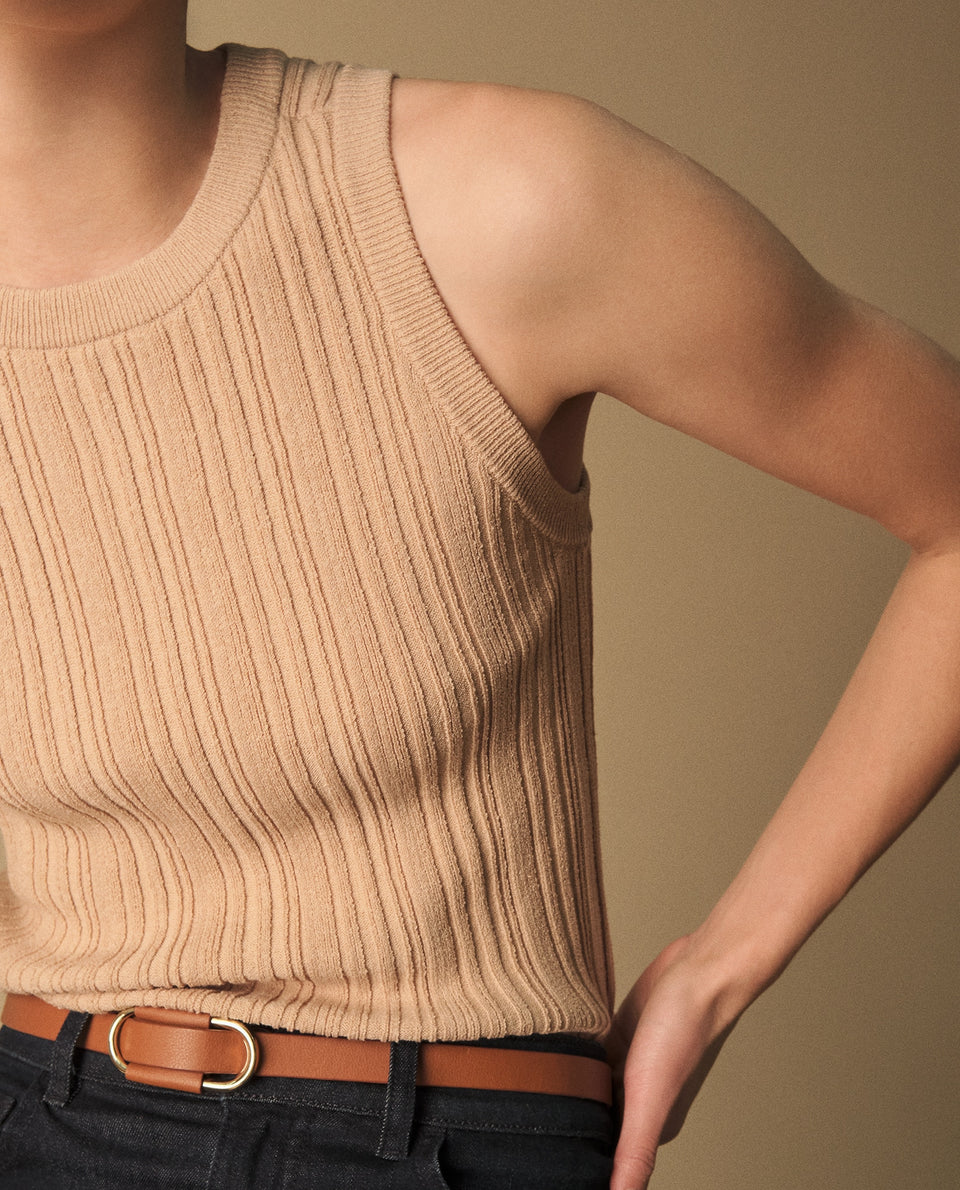 Camiseta Acanalada Beige Sin Mangas Premium - Beige 34_409G207_BEI130607_3