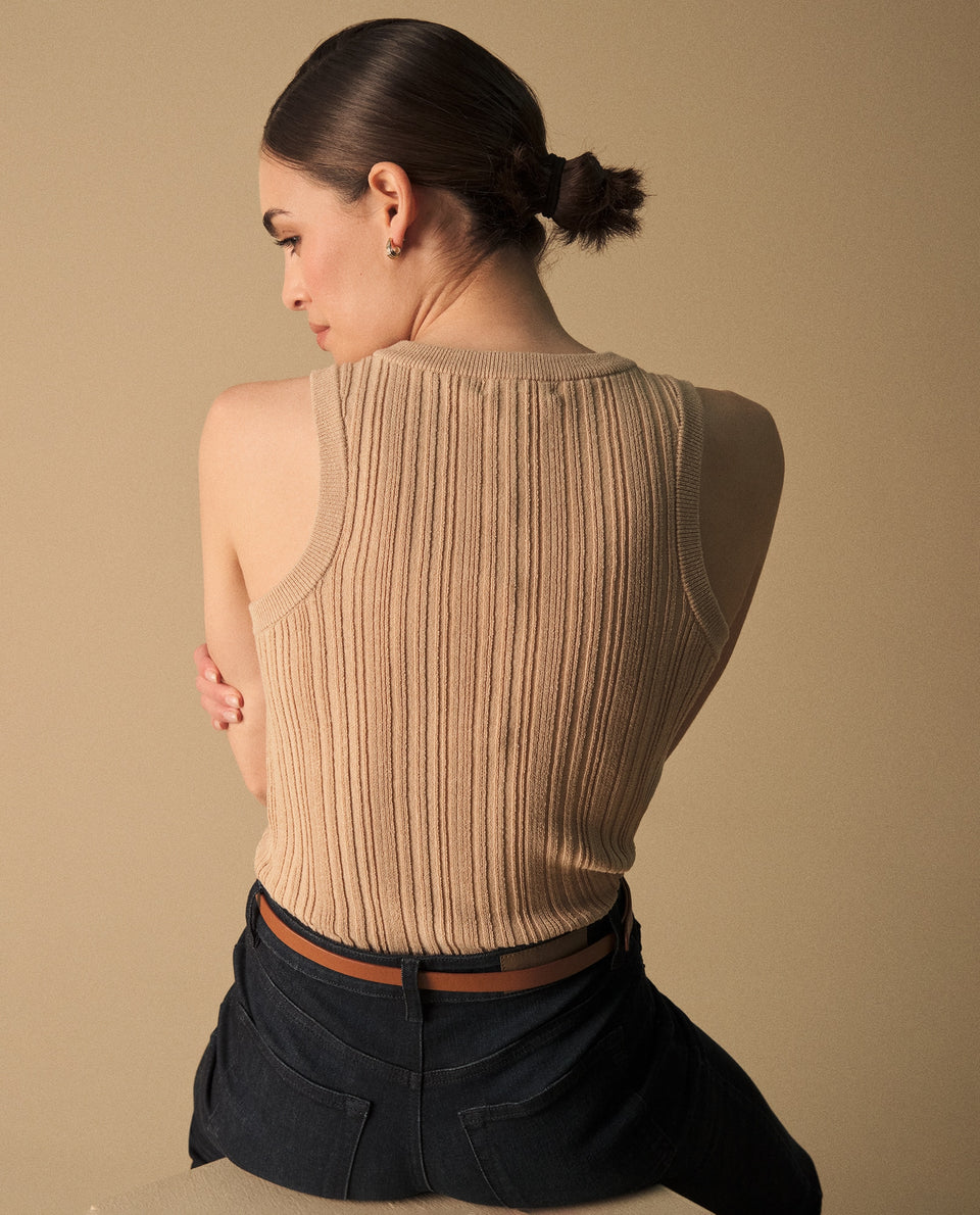 Camiseta Acanalada Beige Sin Mangas Premium - Beige 34_409G207_BEI130607_4