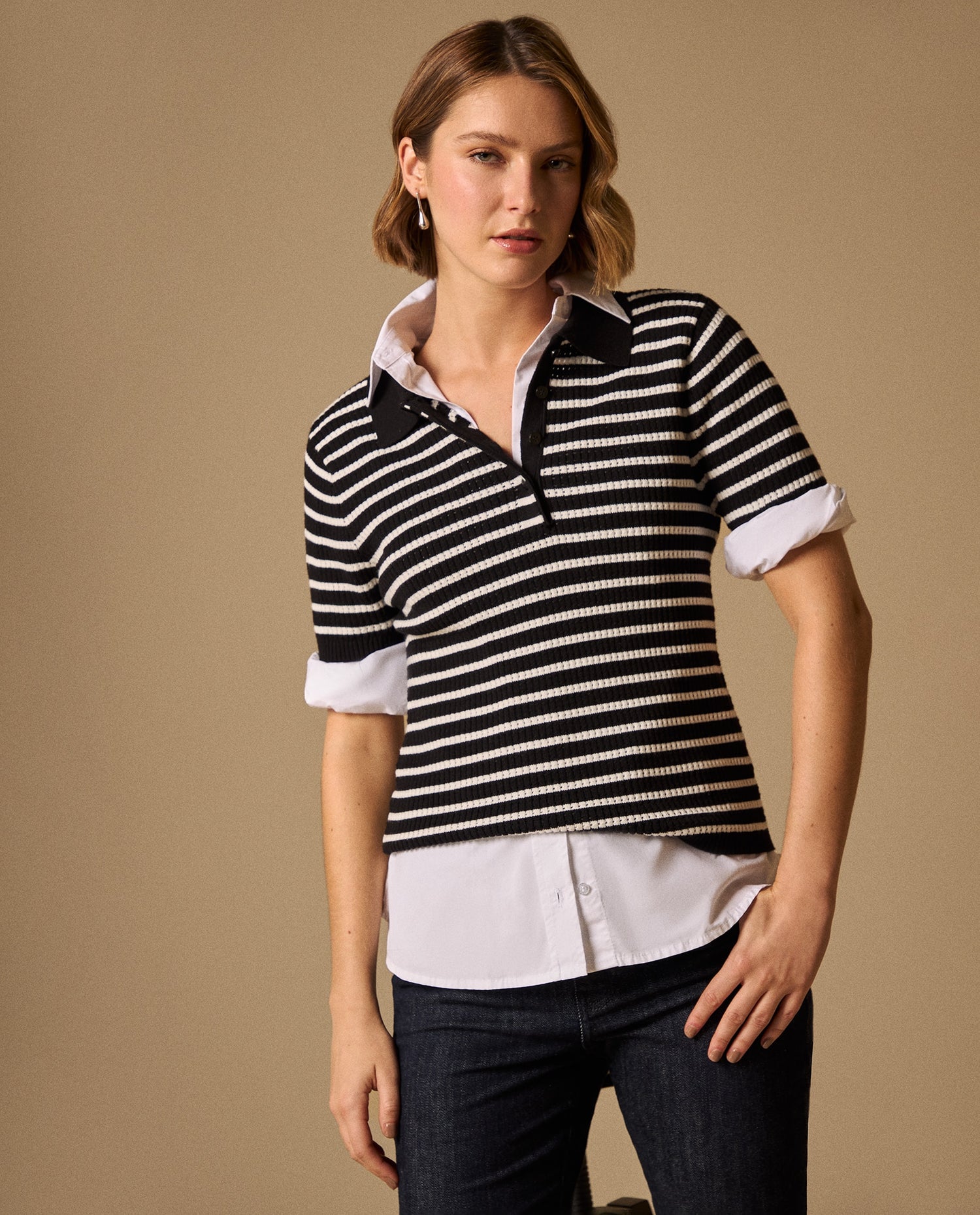 Camiseta Tejida Rayas Blancas y Negras - Negro