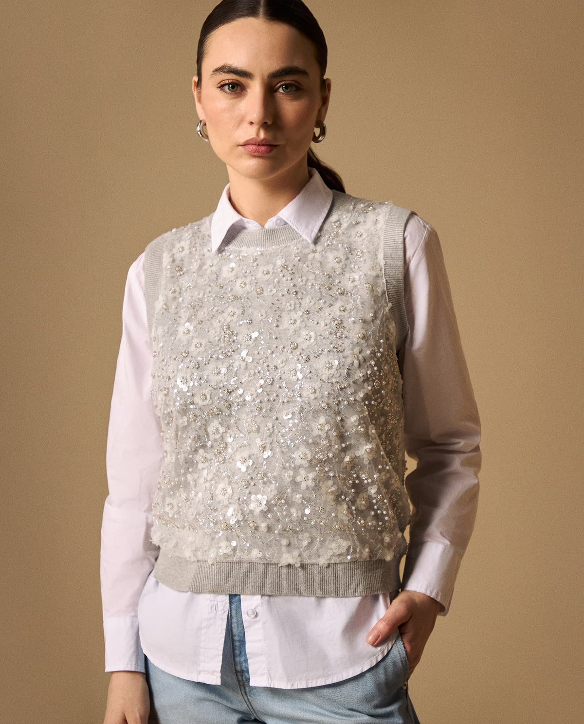 Chaleco con Lentejuelas Gris Plata - Gris 34_409G250_GRI140000_0