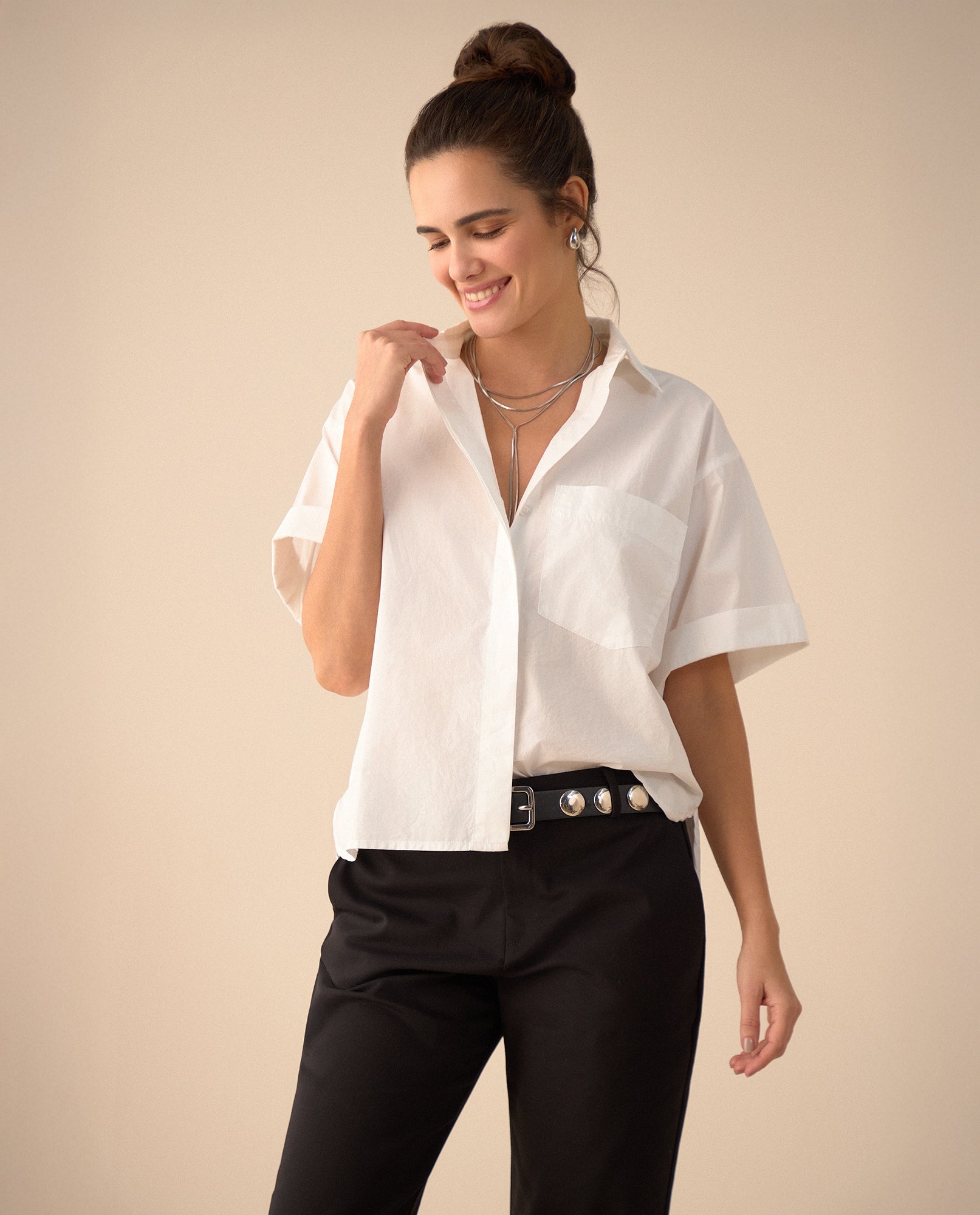 Camisa de manga corta con guardapolvo para mujer - Blanco 34_411G002_BLA110601_5