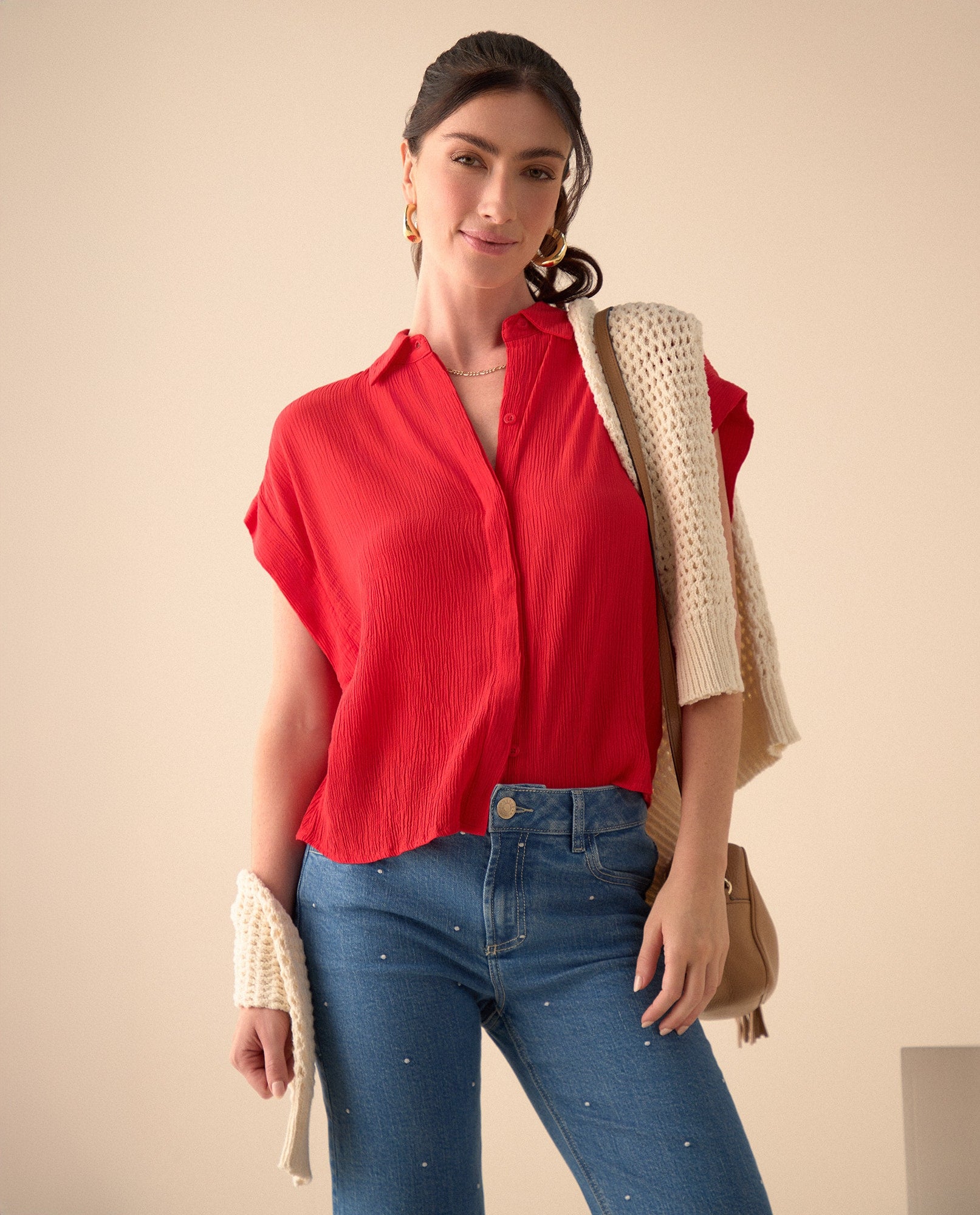 Camisa de tela con textura para mujer - Rojo 34_411G015_ROJ191664_0
