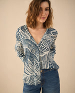 Camisa estampada de silueta larga para mujer - Azul 34_411G017_AZU183929_0