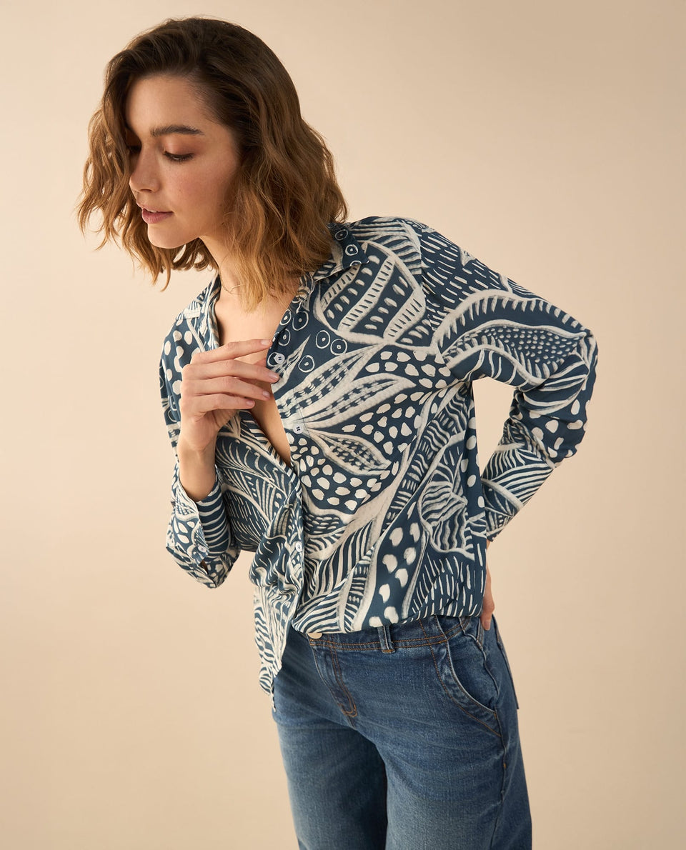 Camisa estampada de silueta larga para mujer - Azul 34_411G017_AZU183929_5