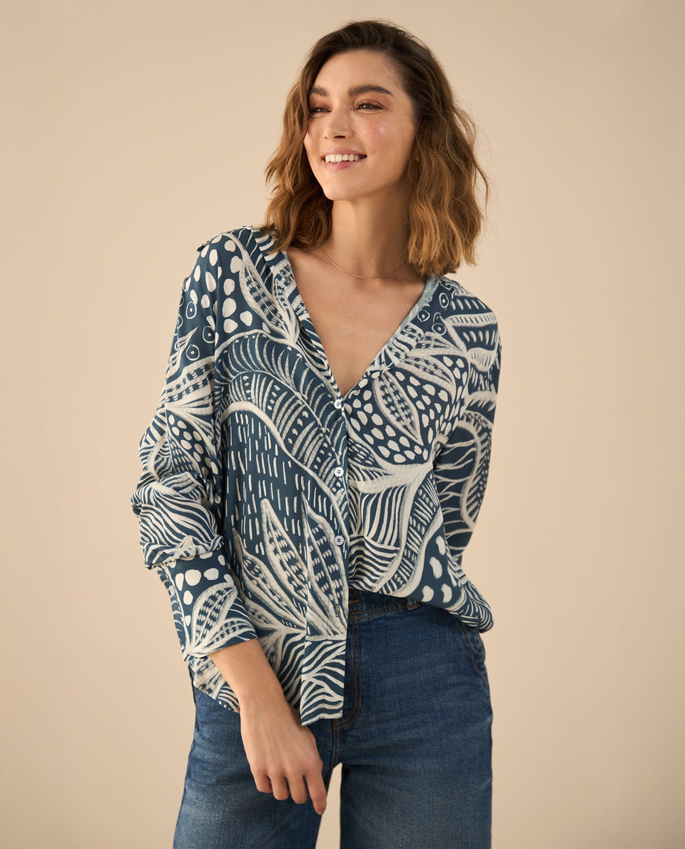 Camisa estampada de silueta larga para mujer - Azul 34_411G017_AZU183929_7