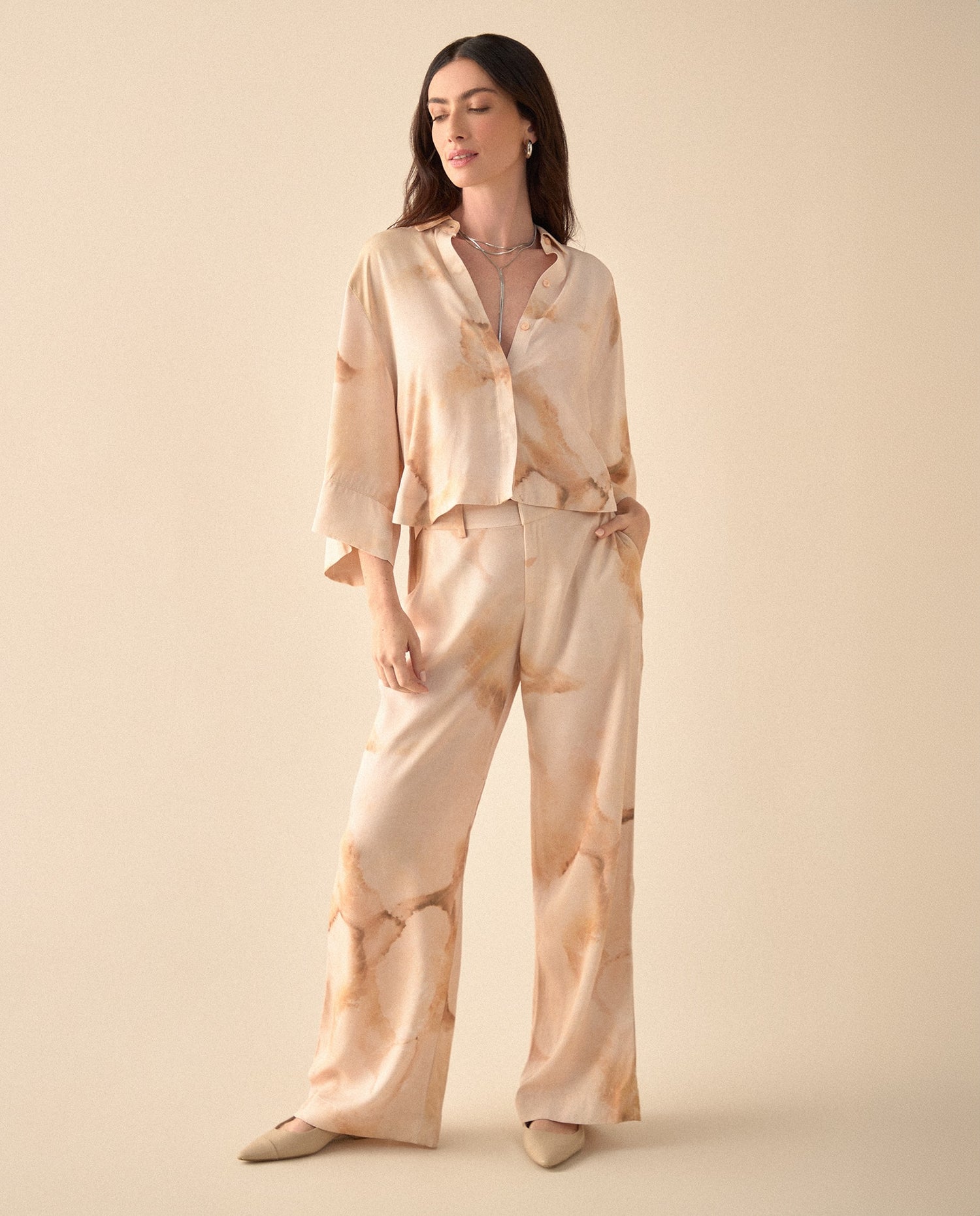 Camisa manga 3/4 amplia para mujer - Café