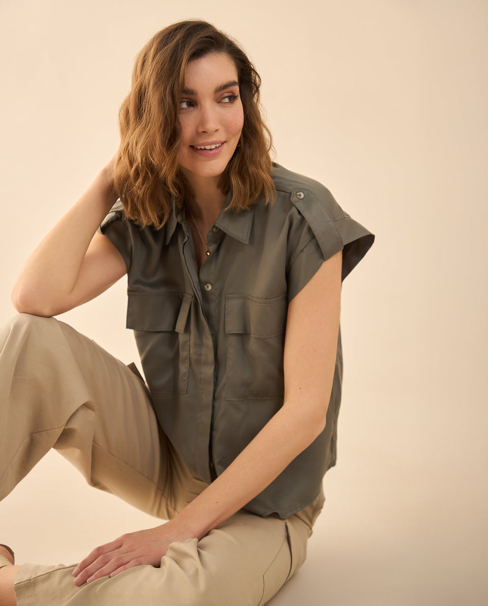 Camisa de manga sisa con pieza para mujer - Verde 34_412G000_VER180515_3