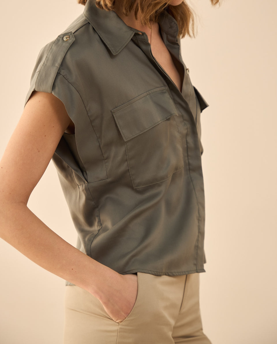 Camisa de manga sisa con pieza para mujer - Verde 34_412G000_VER180515_5