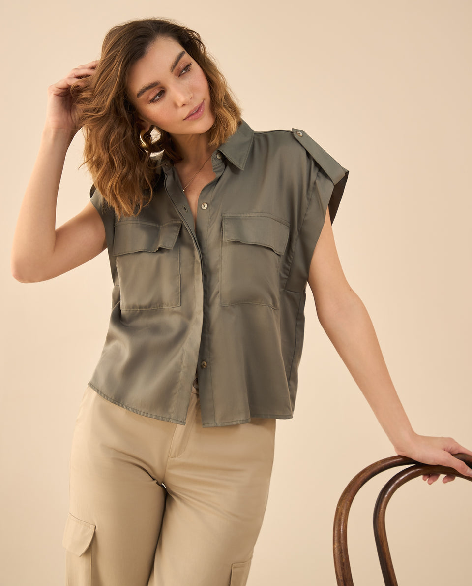 Camisa de manga sisa con pieza para mujer - Verde 34_412G000_VER180515_6
