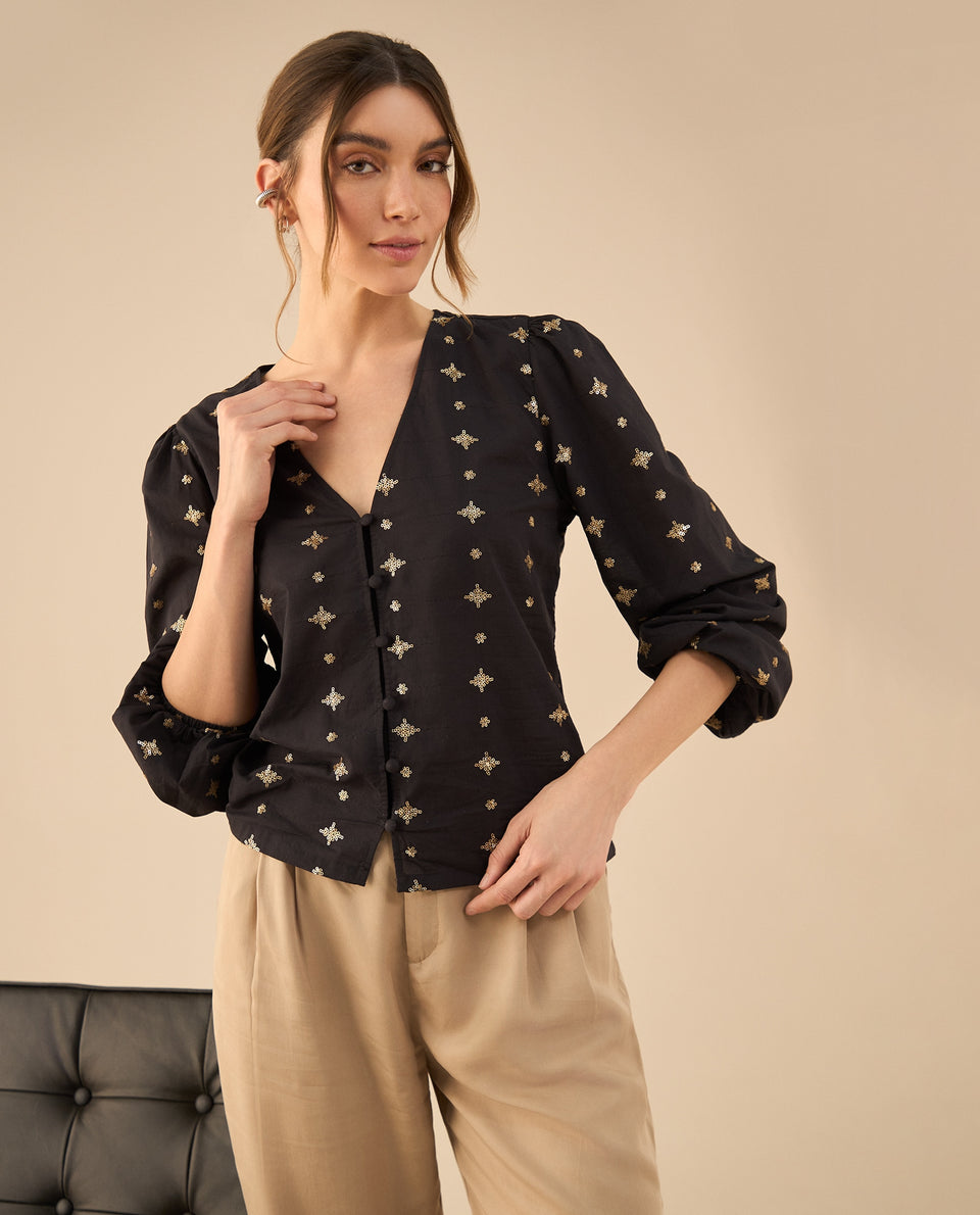 Camisa con recogido en hombros para mujer - Negro 34_412G005_NEG190303_3