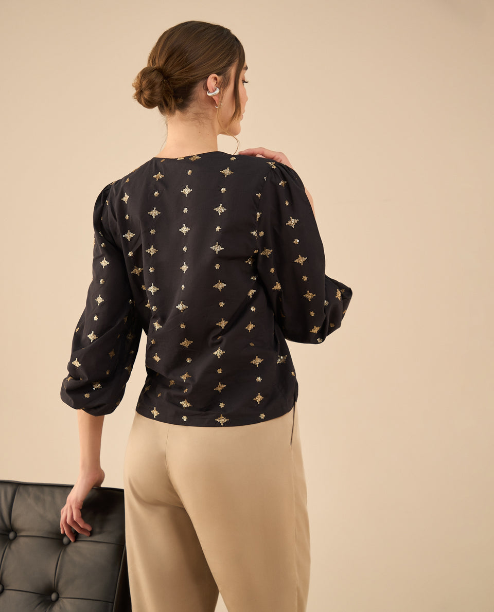 Camisa con recogido en hombros para mujer - Negro 34_412G005_NEG190303_4