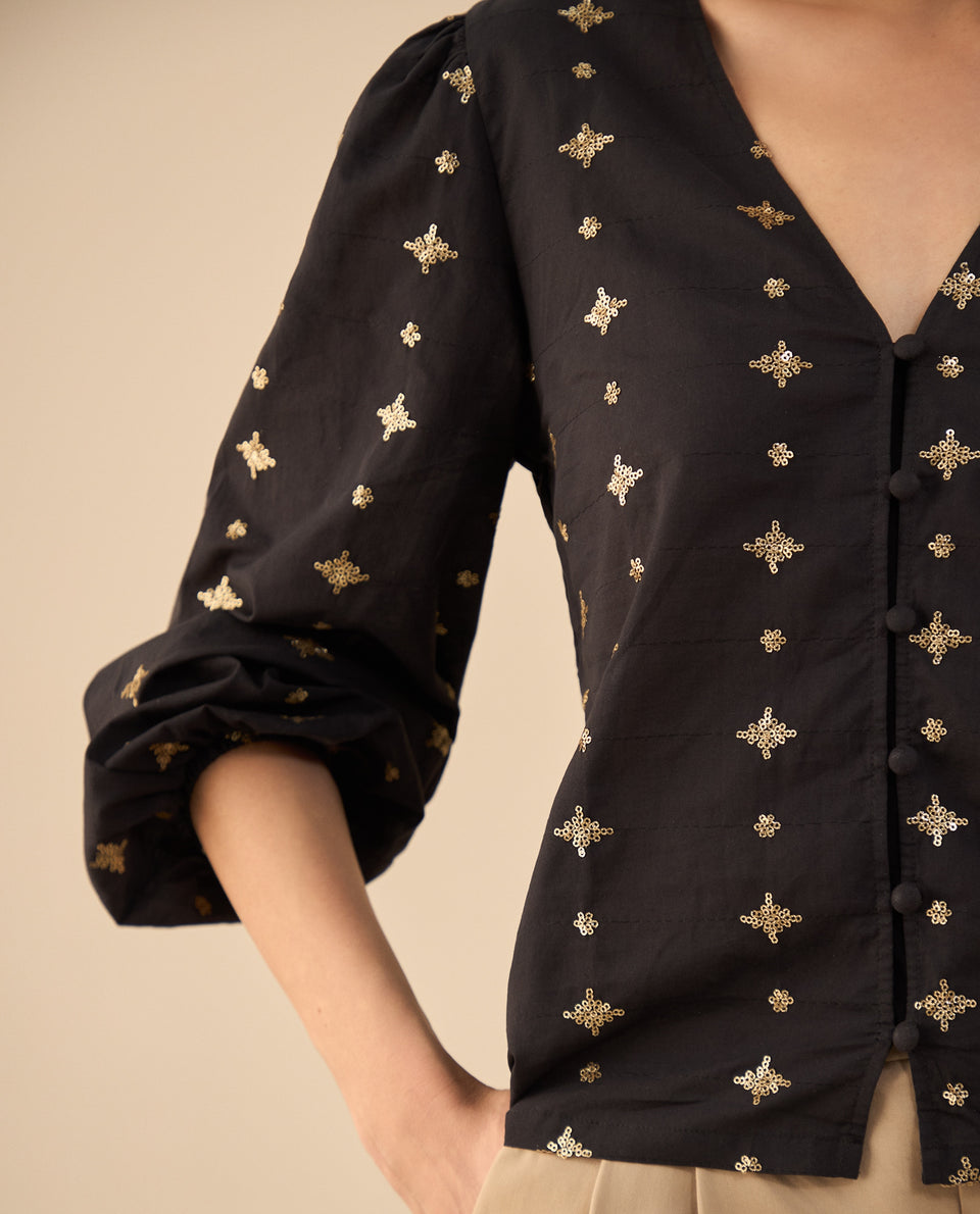 Camisa con recogido en hombros para mujer - Negro 34_412G005_NEG190303_5