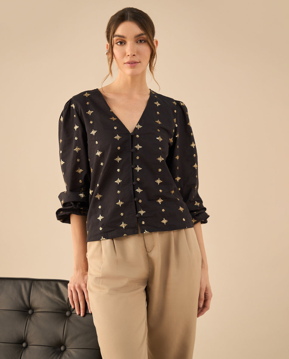 Camisa con recogido en hombros para mujer - Negro 34_412G005_NEG190303_6