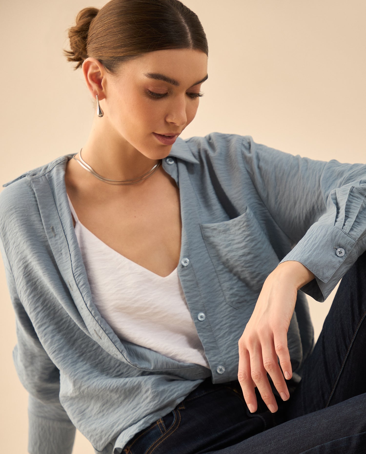 Camisa de ruedo curvo para mujer - Azul