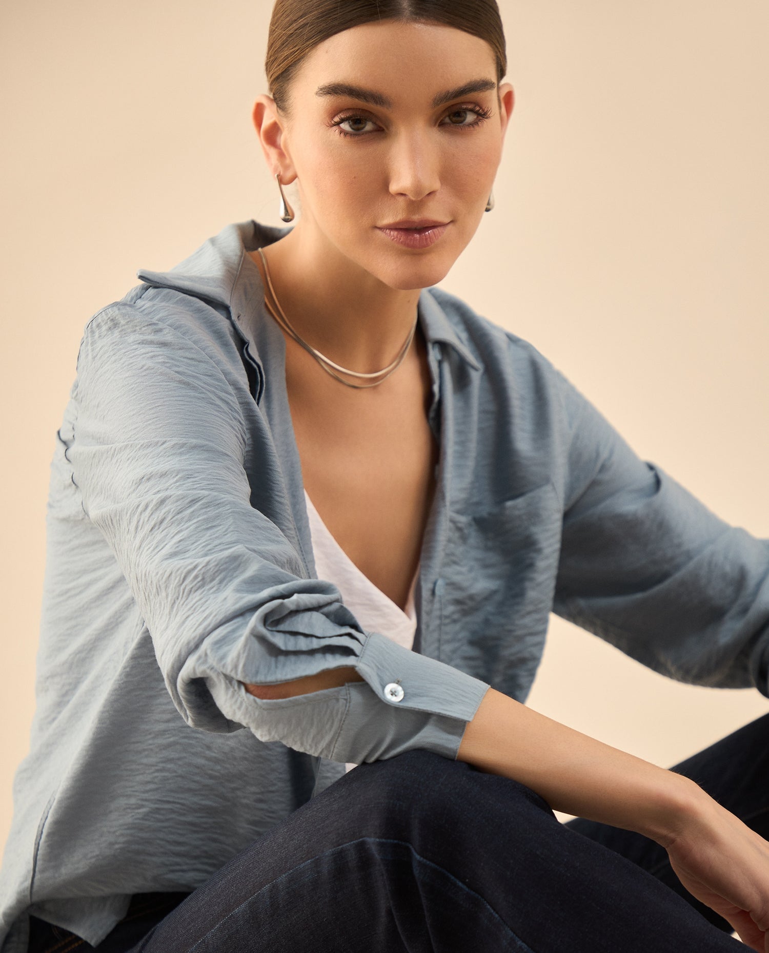 Camisa de ruedo curvo para mujer - Azul