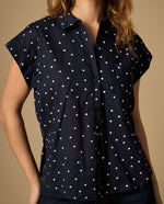 Camisa bordada manga corta con bolsillo frontal - Azul