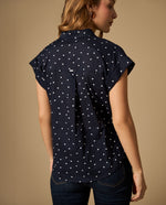 Camisa bordada manga corta con bolsillo frontal - Azul