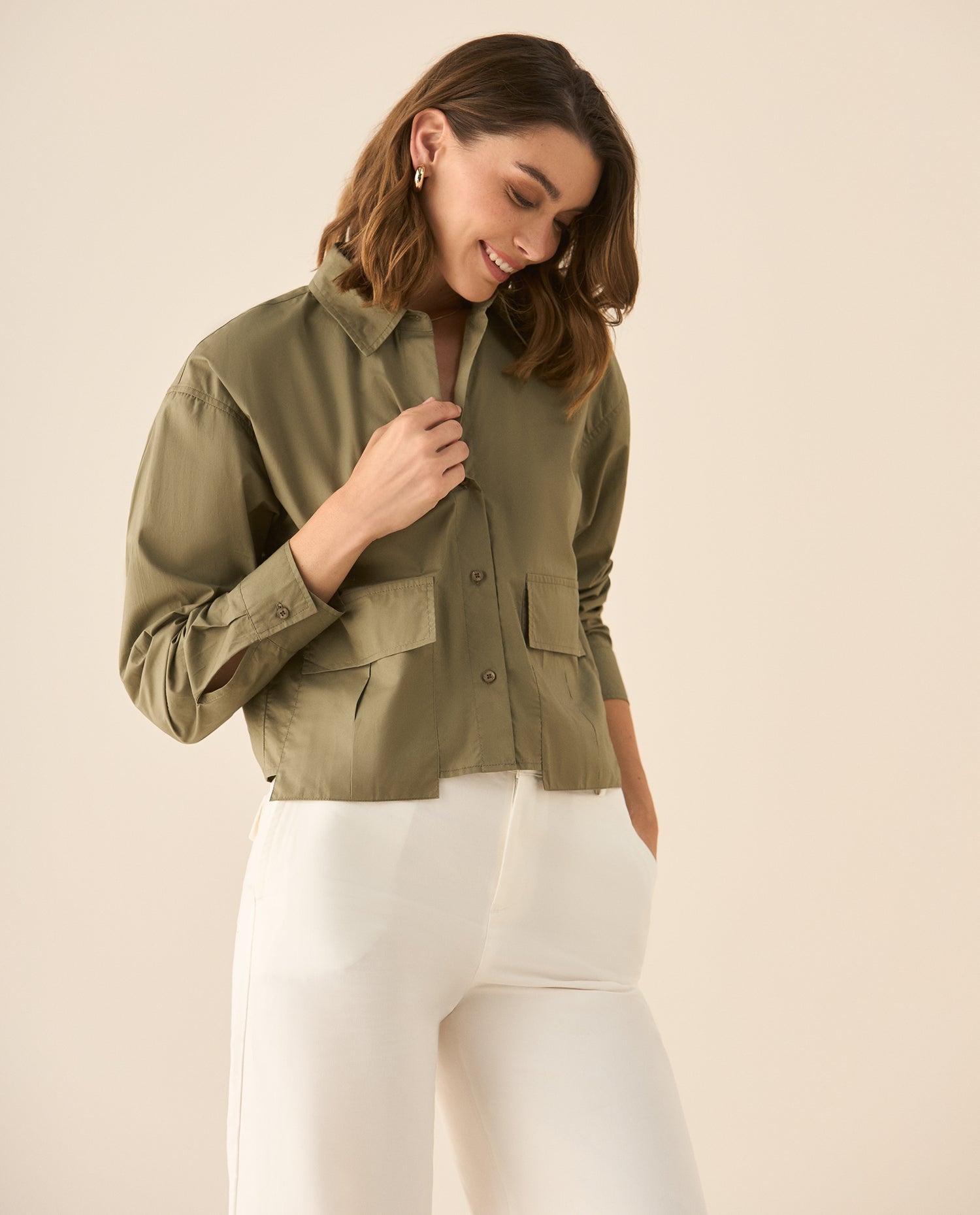 Camisa manga larga con bolsillos de tapa para mujer  - Verde