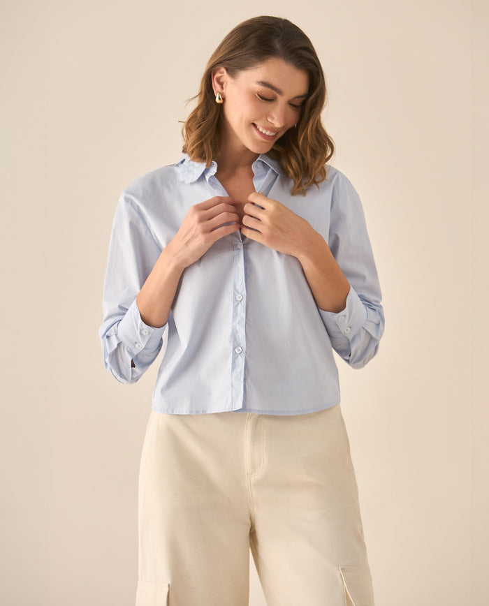 Camisa con diseño de flores en el cuello para mujer - Azul 34_413G020_AZU134304_0