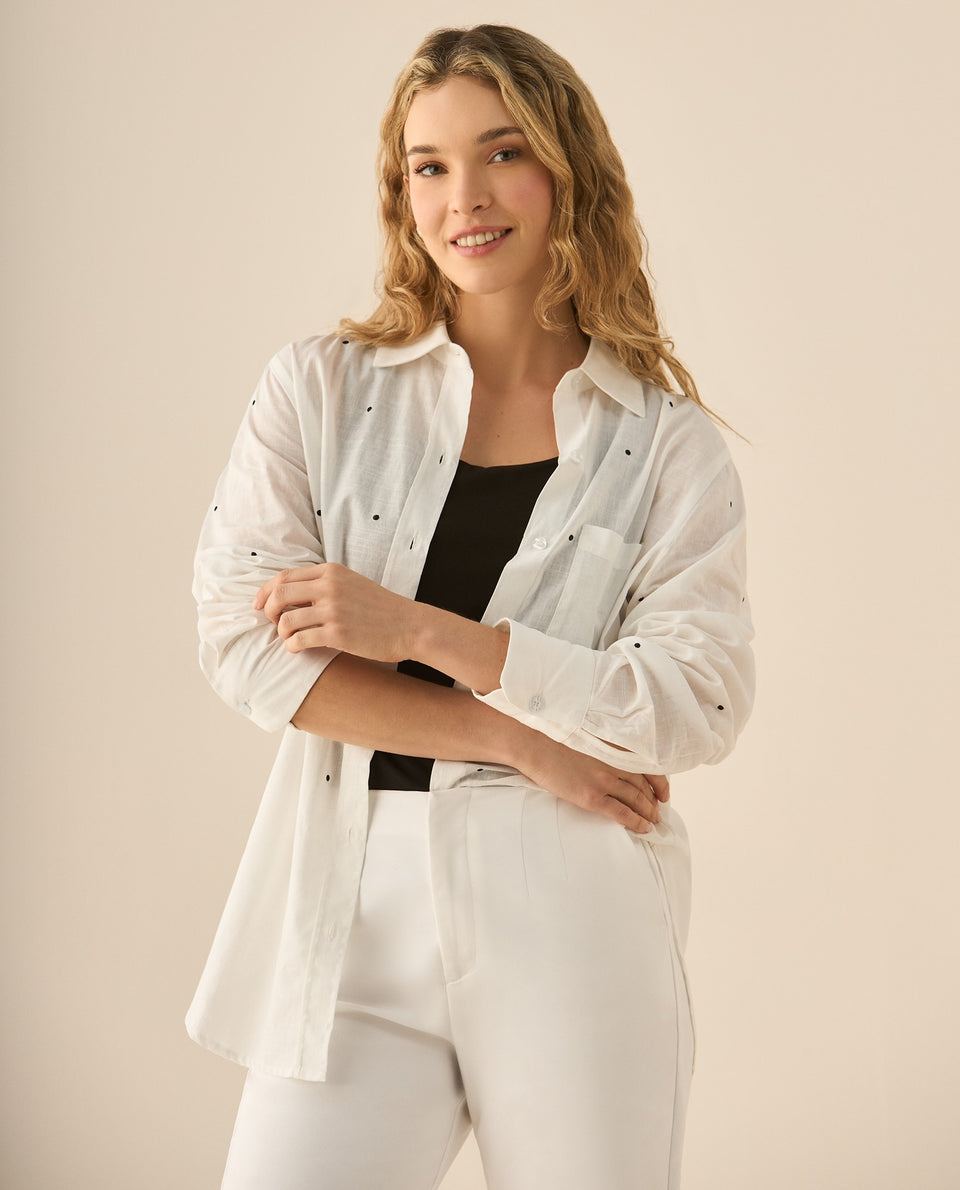 Camisa manga larga con print de lunares bordados para mujer  - Blanco 34_413G040_BLA110601_4