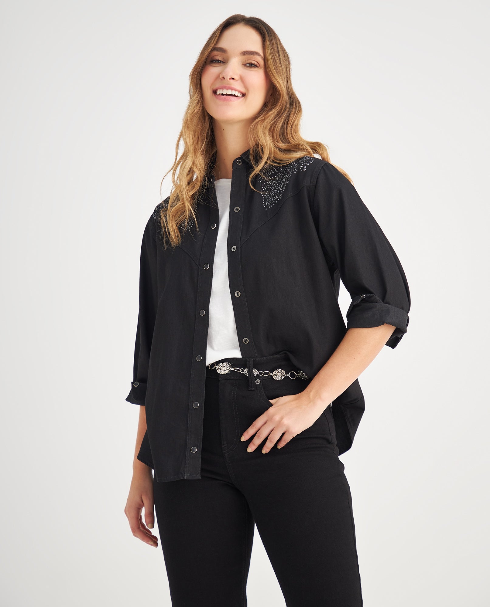 Camisa manga larga con apliques para mujer - Negro 34_419F002_NEG193909_6