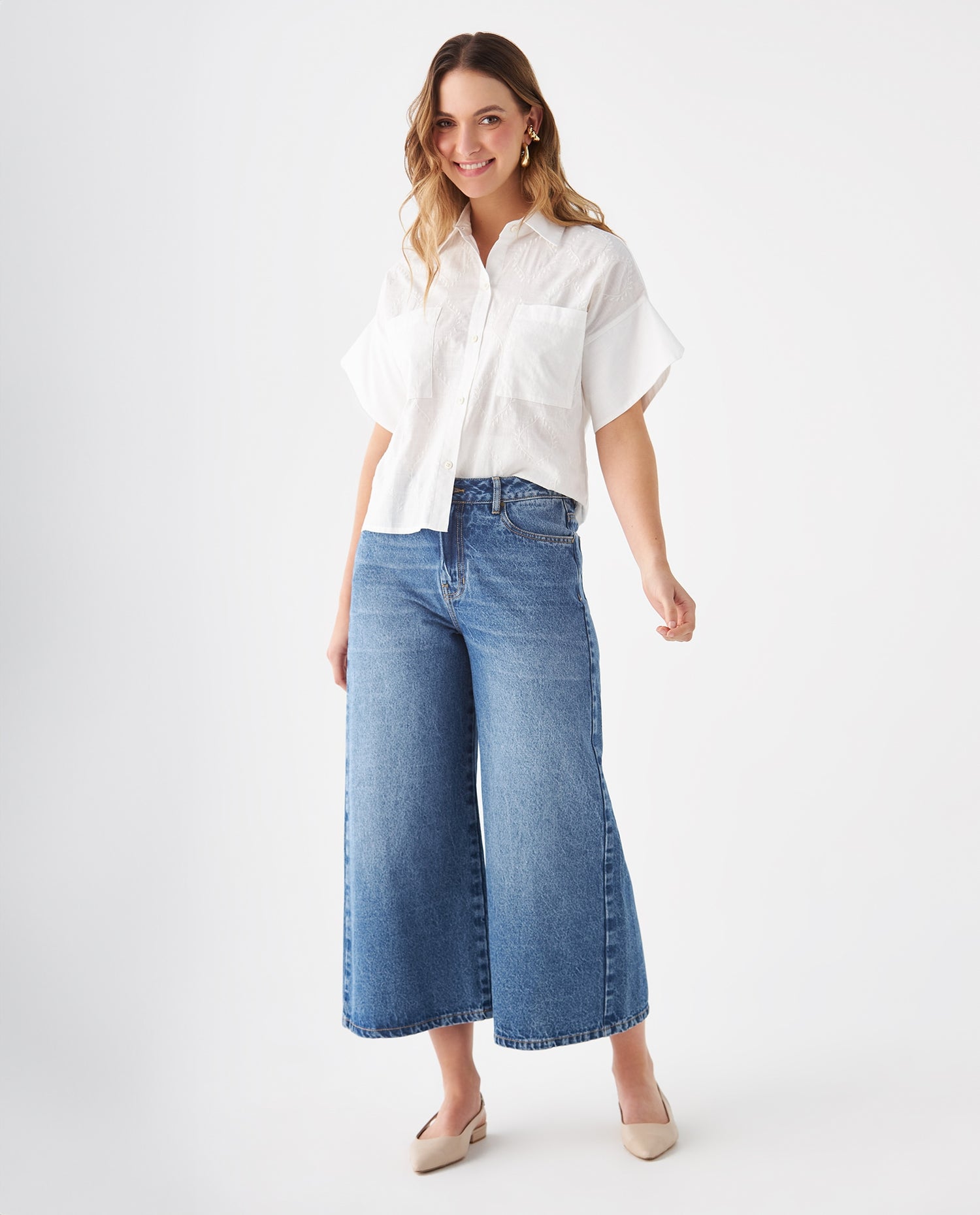 Camisa con bolsillos de parche para mujer - Blanco