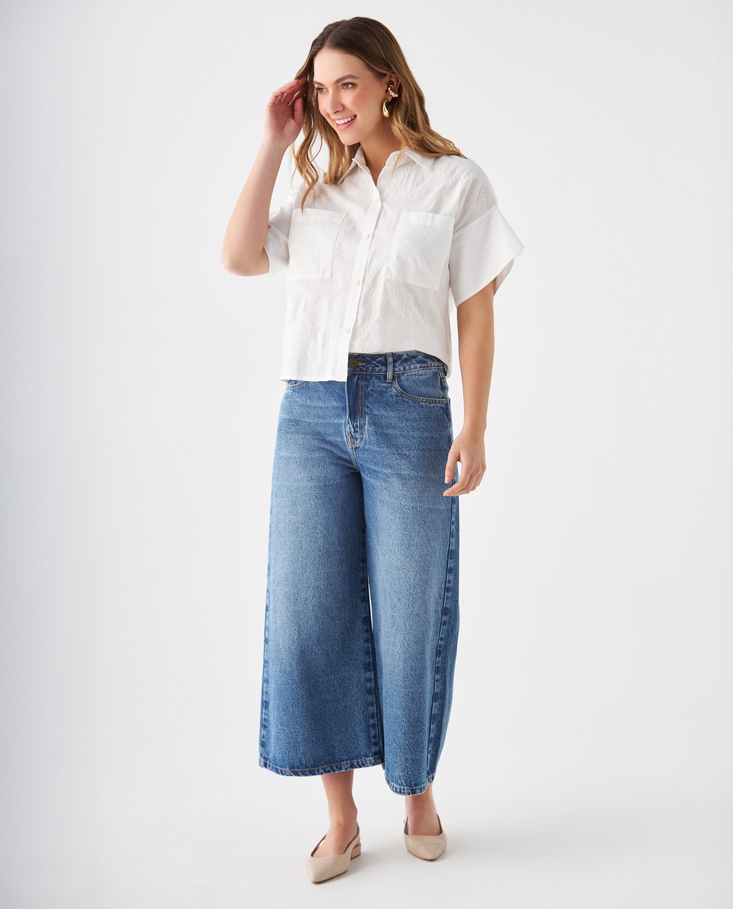 Camisa con bolsillos de parche para mujer - Blanco
