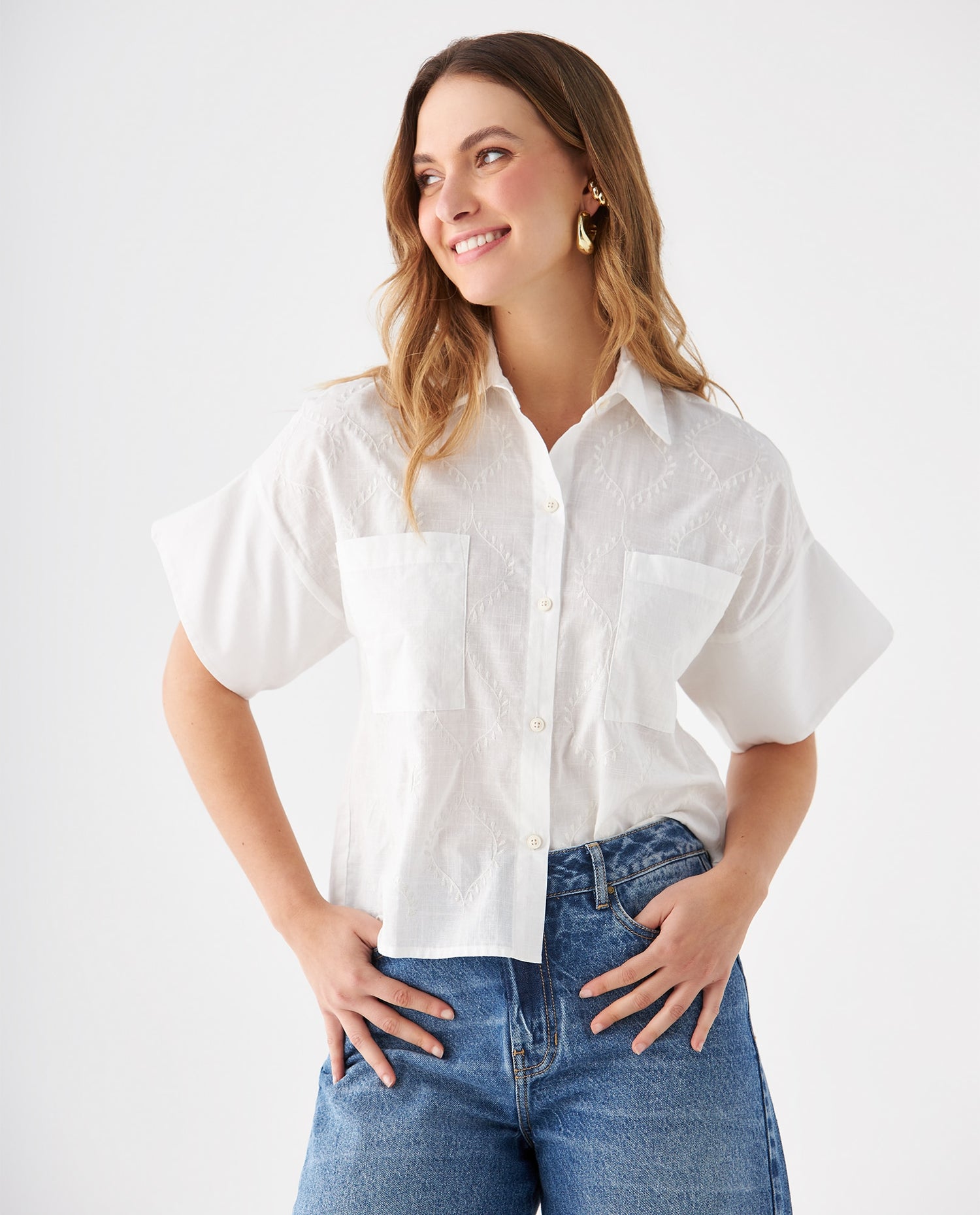 Camisa con bolsillos de parche para mujer - Blanco