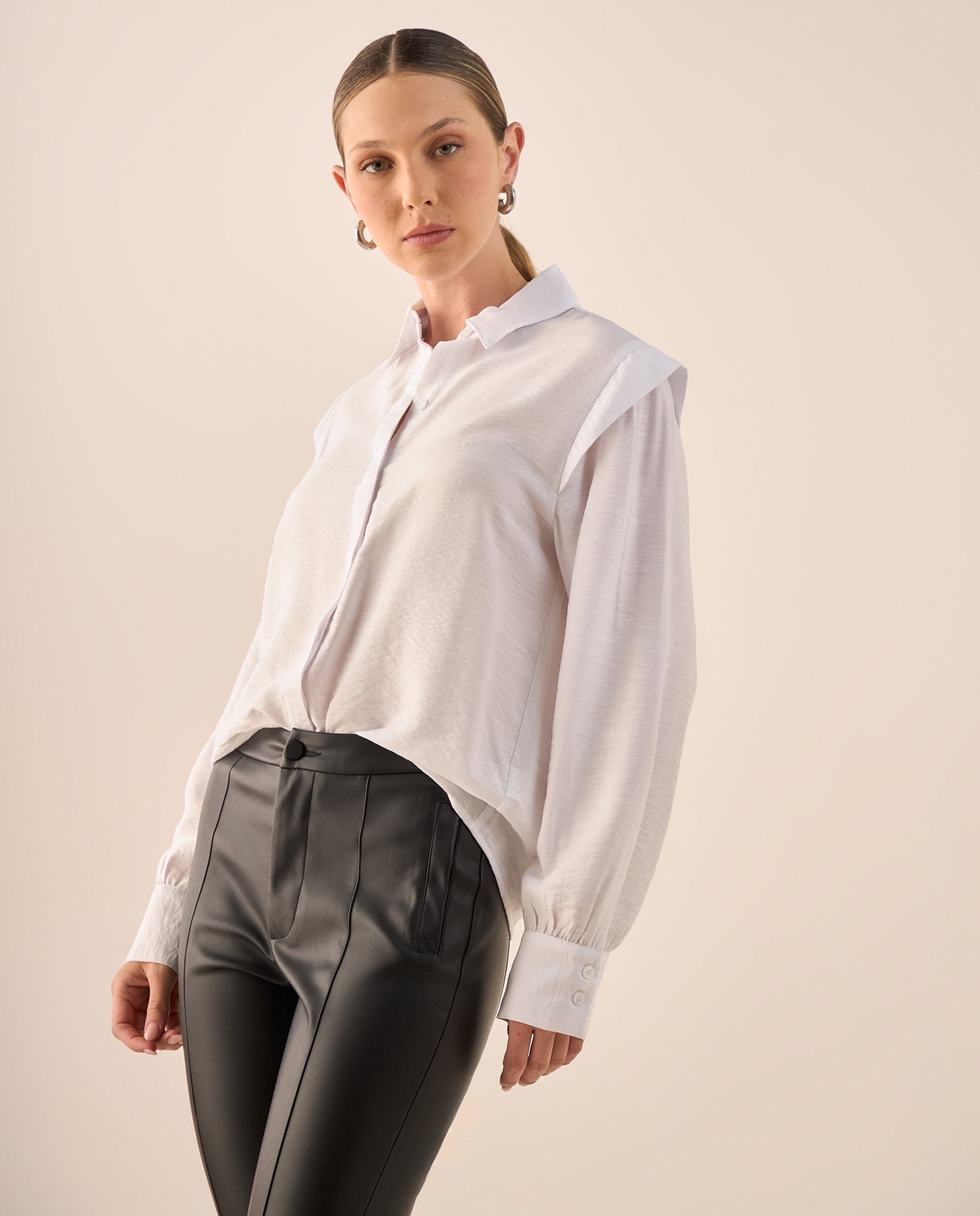 Camisa Blanca Puños Elásticos - Blanco