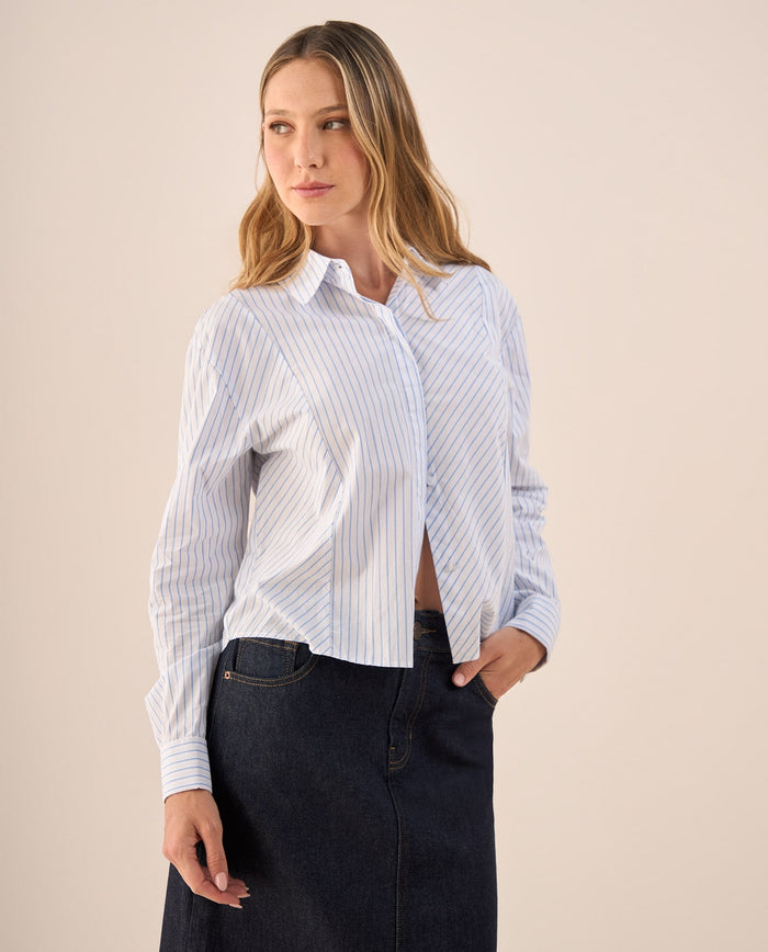 Camisa Blanca con Rayas Azules de Algodón - Blanco 34_419G011_BLA114001_0