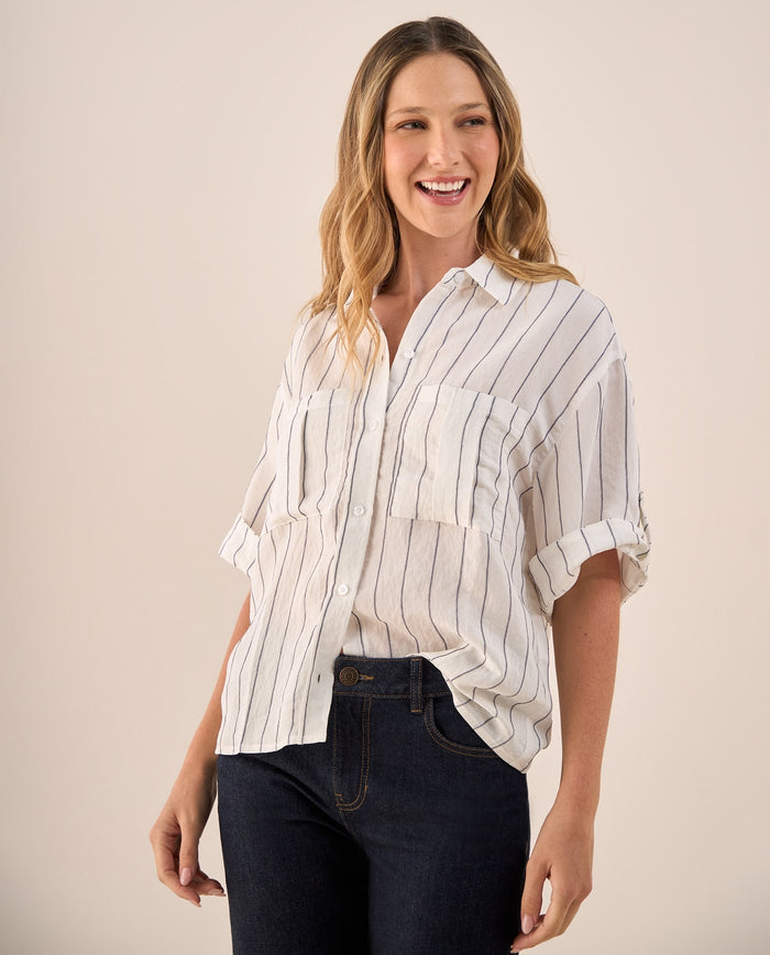 Camisa Blanca Rayas Azules Manga 3/4 - Blanco 34_419G030_BLA114001_3