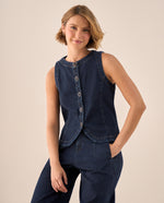 Camisa Denim Sin Mangas con Botones Ovalados - Azul