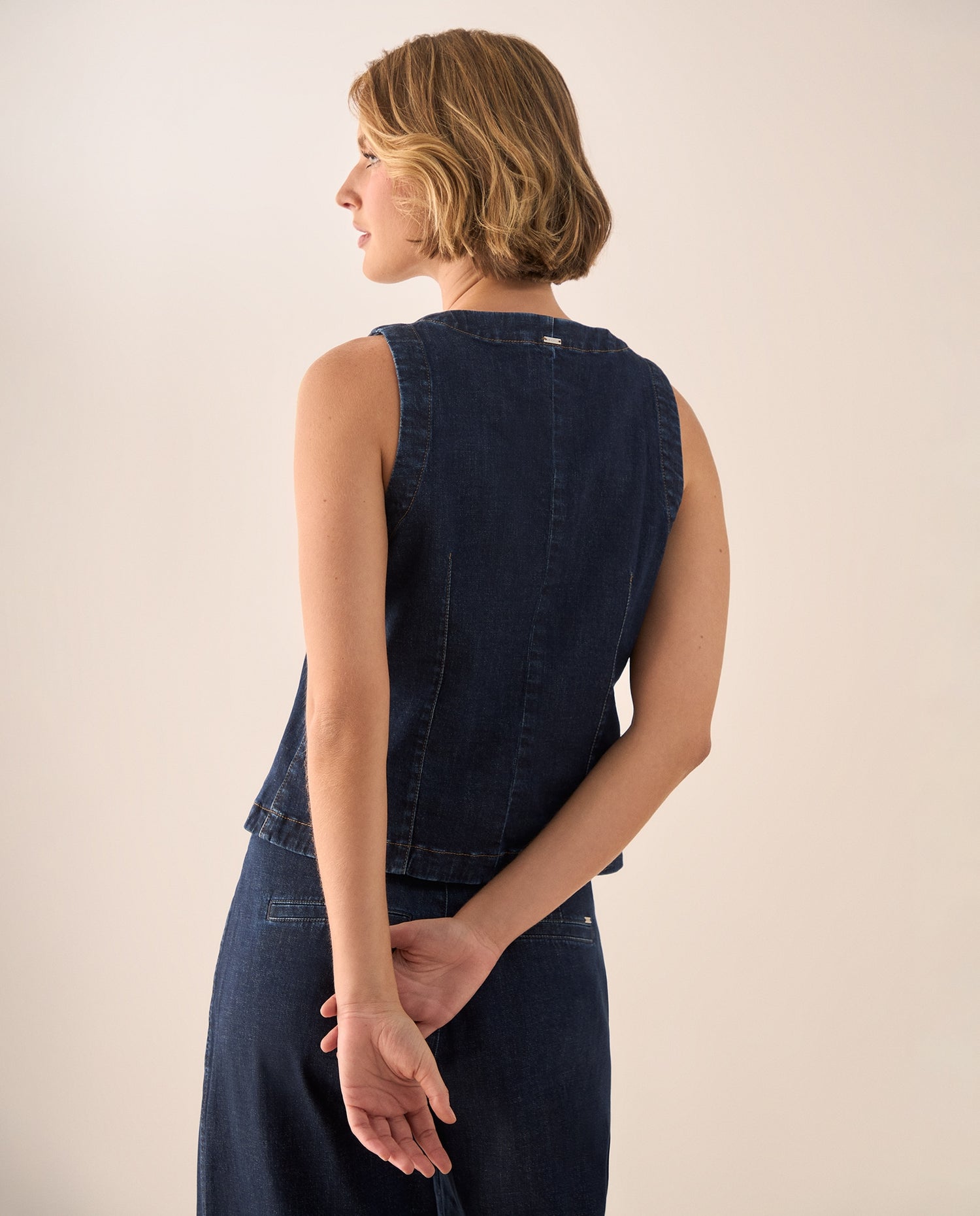 Camisa Denim Sin Mangas con Botones Ovalados - Azul