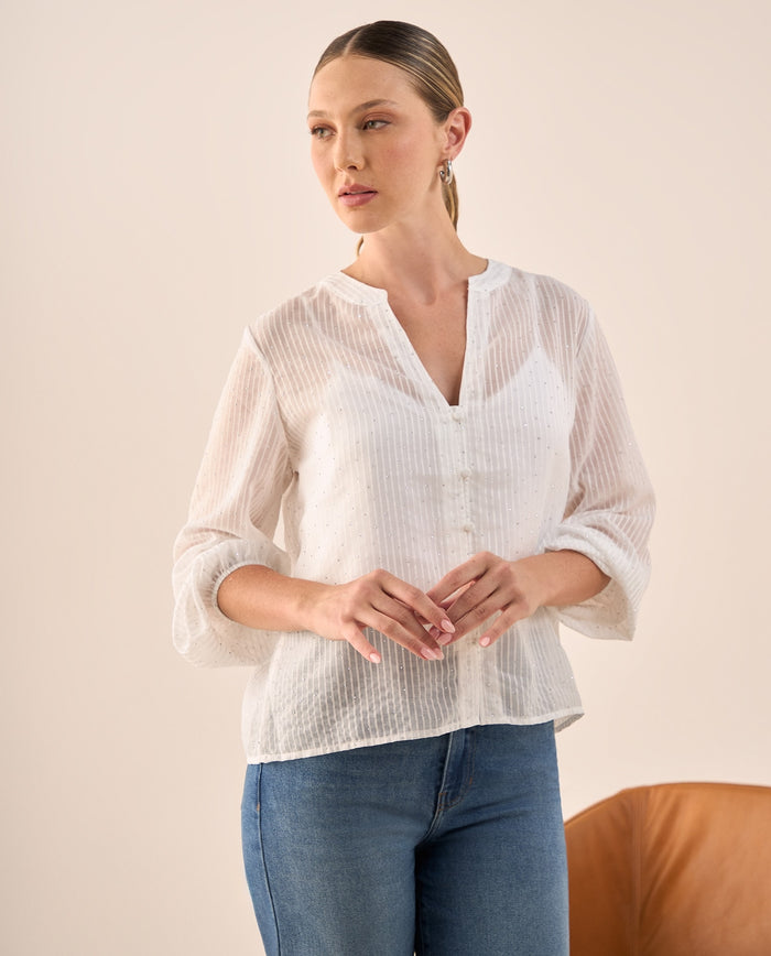 Camisa Blanca con Textura Rayada y Detalles Brillantes - Blanco 34_419G201_BLA110700_0
