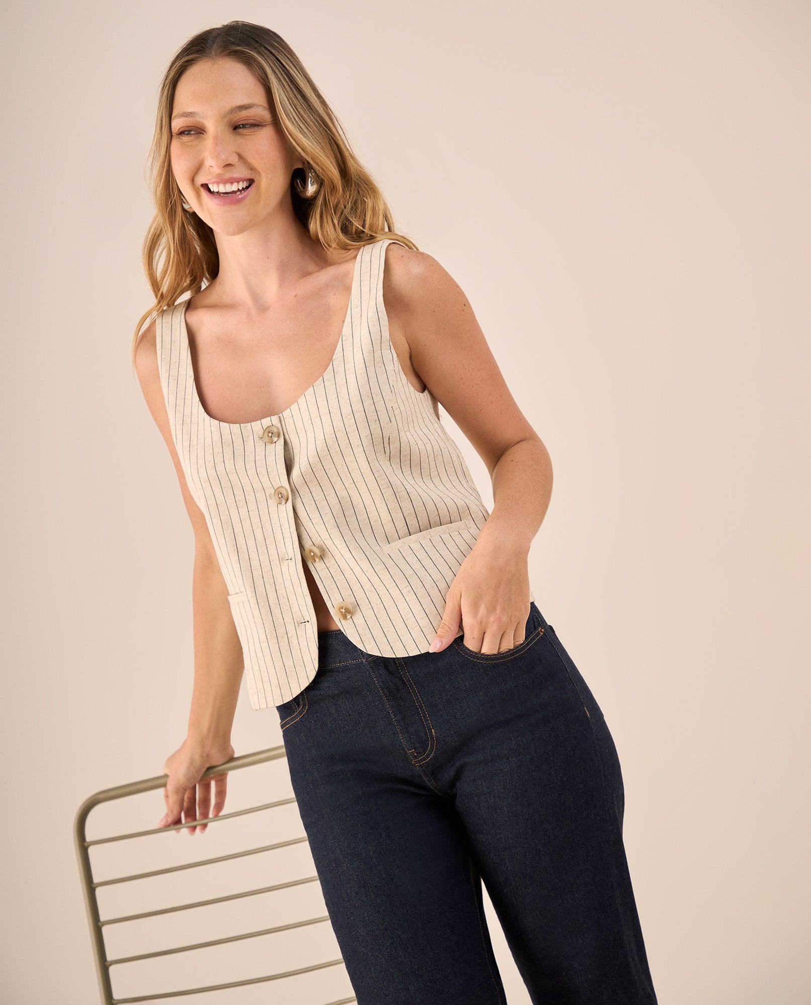 Camisa Sin Mangas Rayas Beige - Beige 34_419G210_BEI141012_0