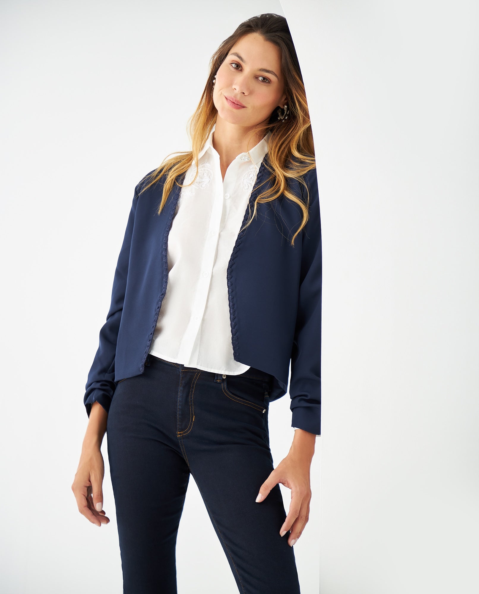Blazer con detalles bordados para mujer - Azul 34_421F020_AZU194024_0