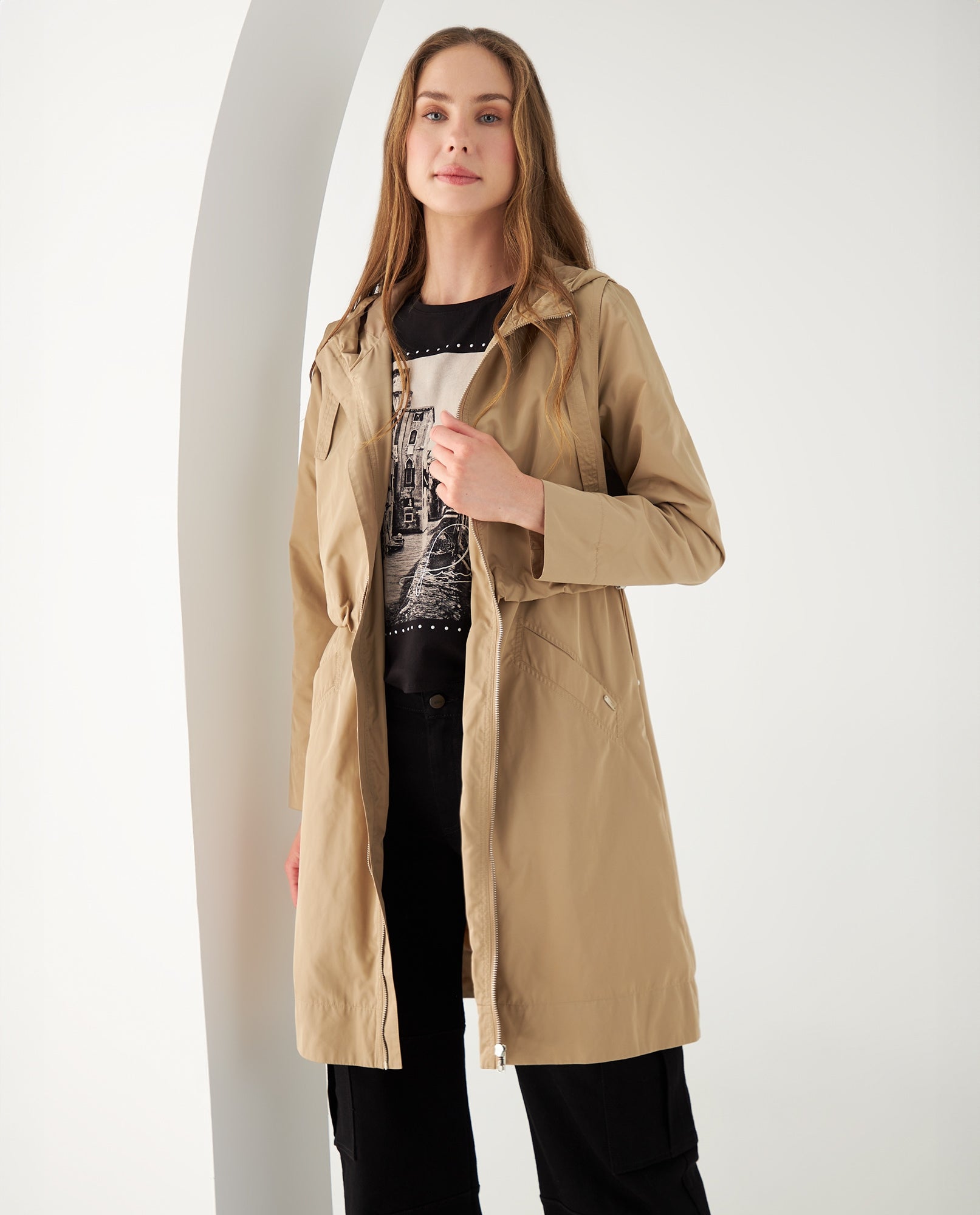 Chaqueta larga con capucha para mujer - Caqui 34_421F201_CAQ150719_0
