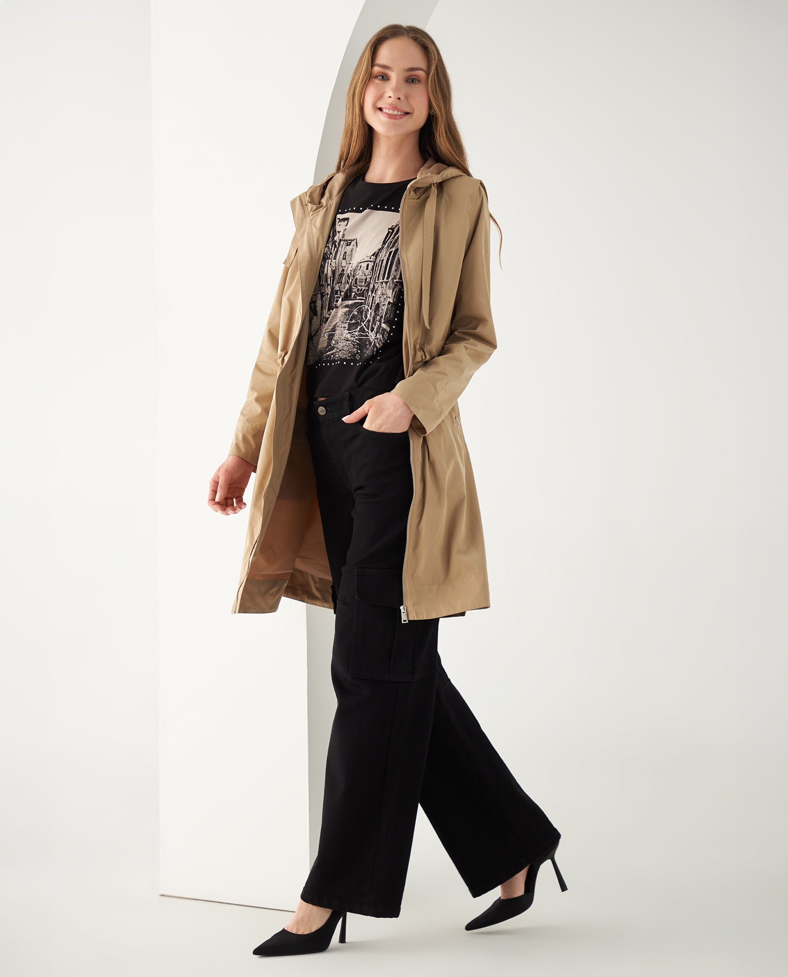 Chaqueta larga con capucha para mujer - Caqui 34_421F201_CAQ150719_5