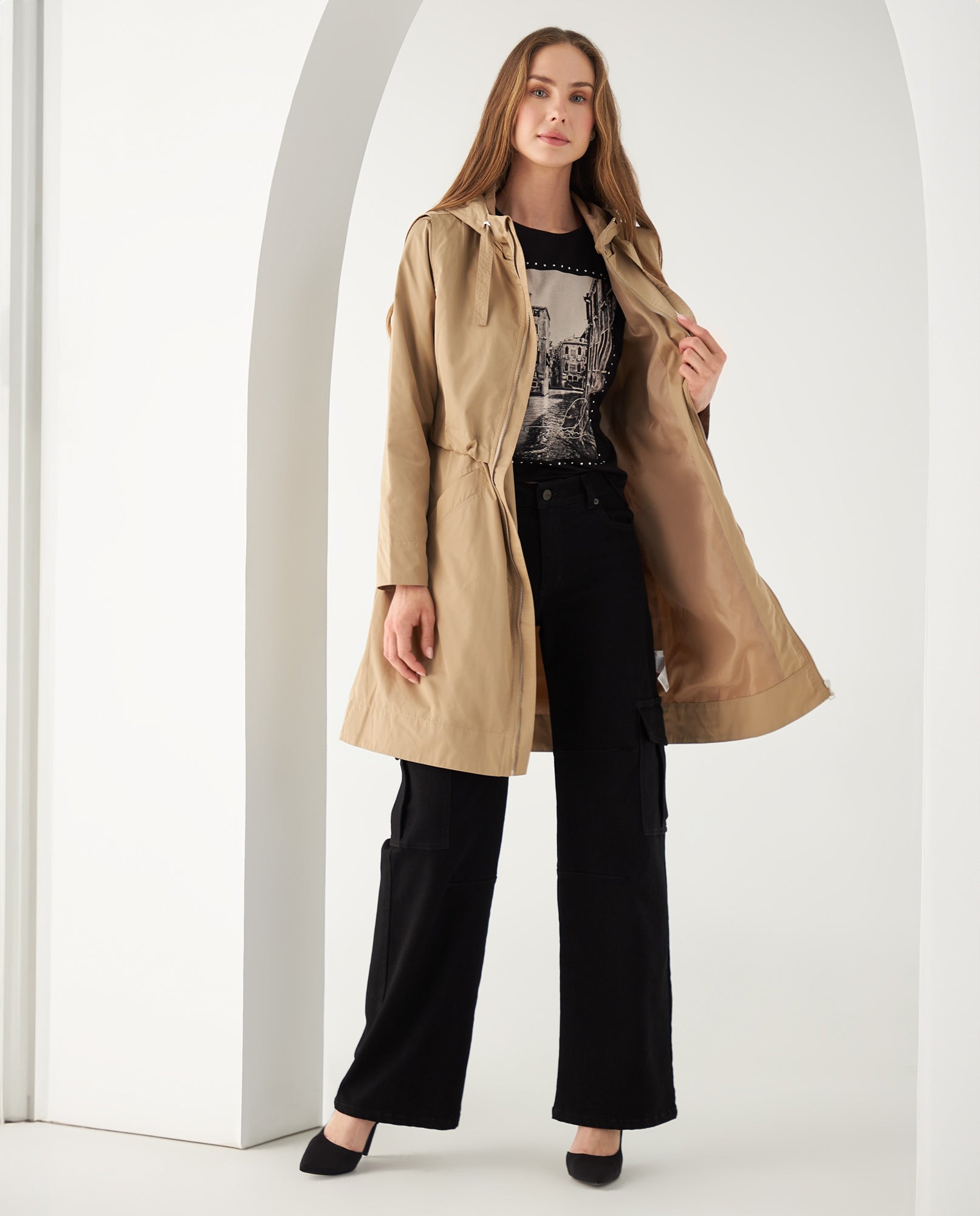 Chaqueta larga con capucha para mujer - Caqui 34_421F201_CAQ150719_6