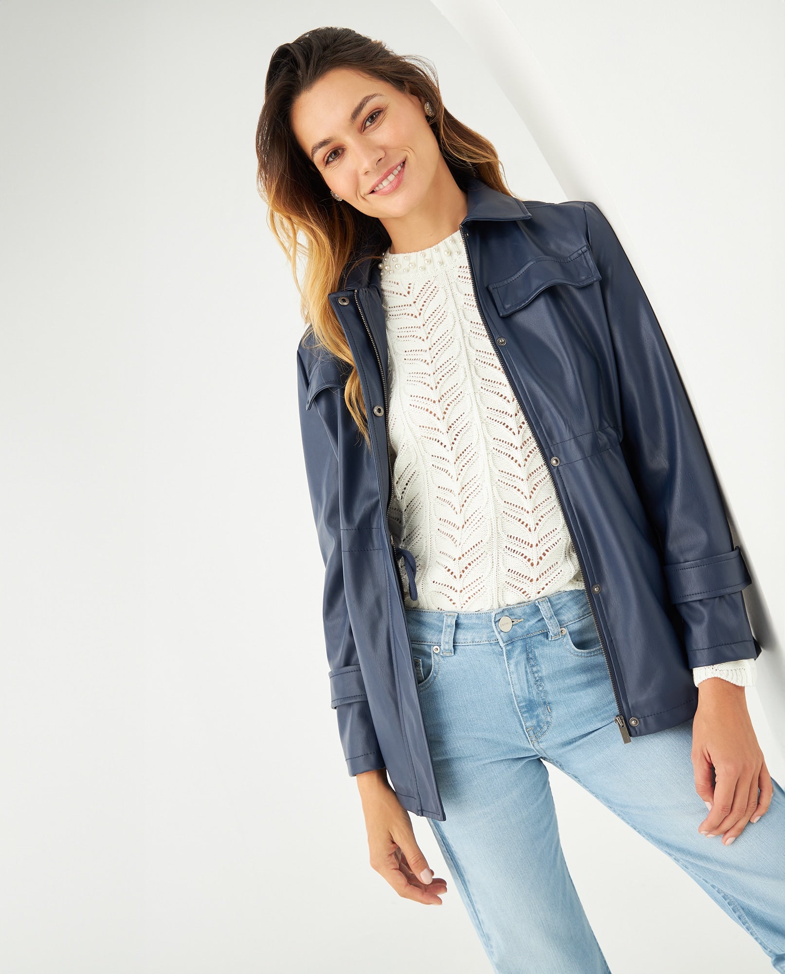 Chaqueta con correa en mangas para mujer - Azul 34_421F203_AZU184432_0