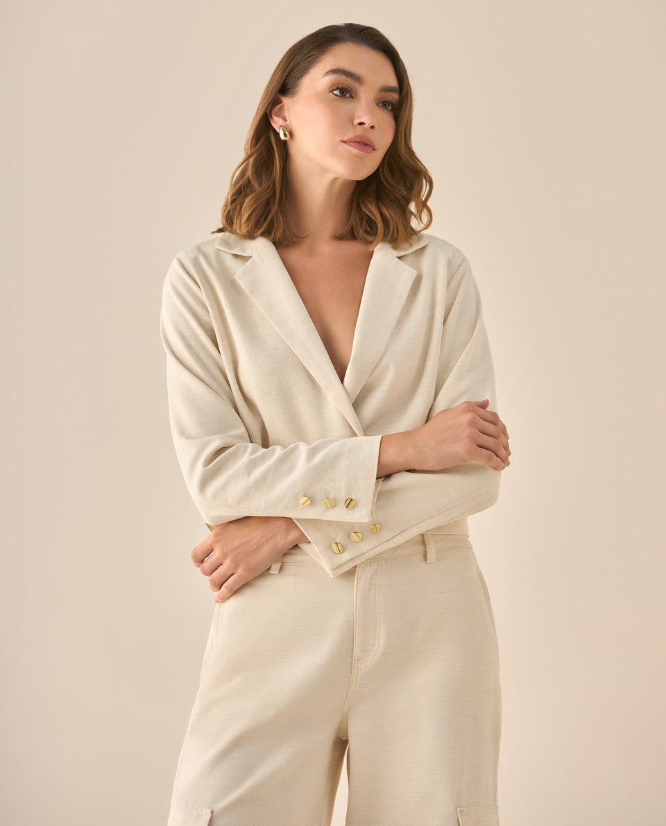 Chaqueta de largo pretinero con cuello de solapa y hombreras para mujer - Crudo 34_423G006_CRU110105_3