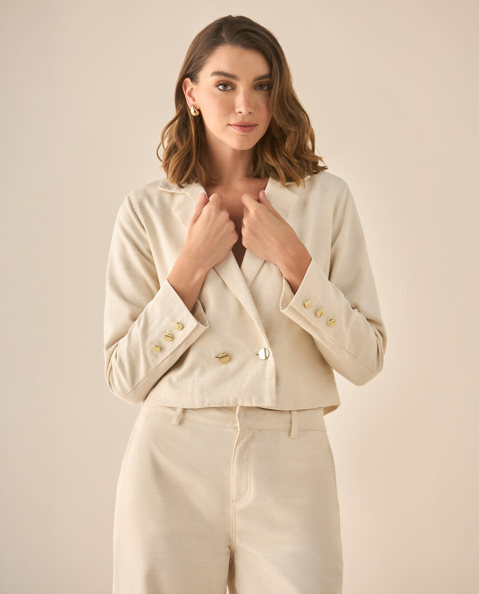 Chaqueta de largo pretinero con cuello de solapa y hombreras para mujer - Crudo 34_423G006_CRU110105_4