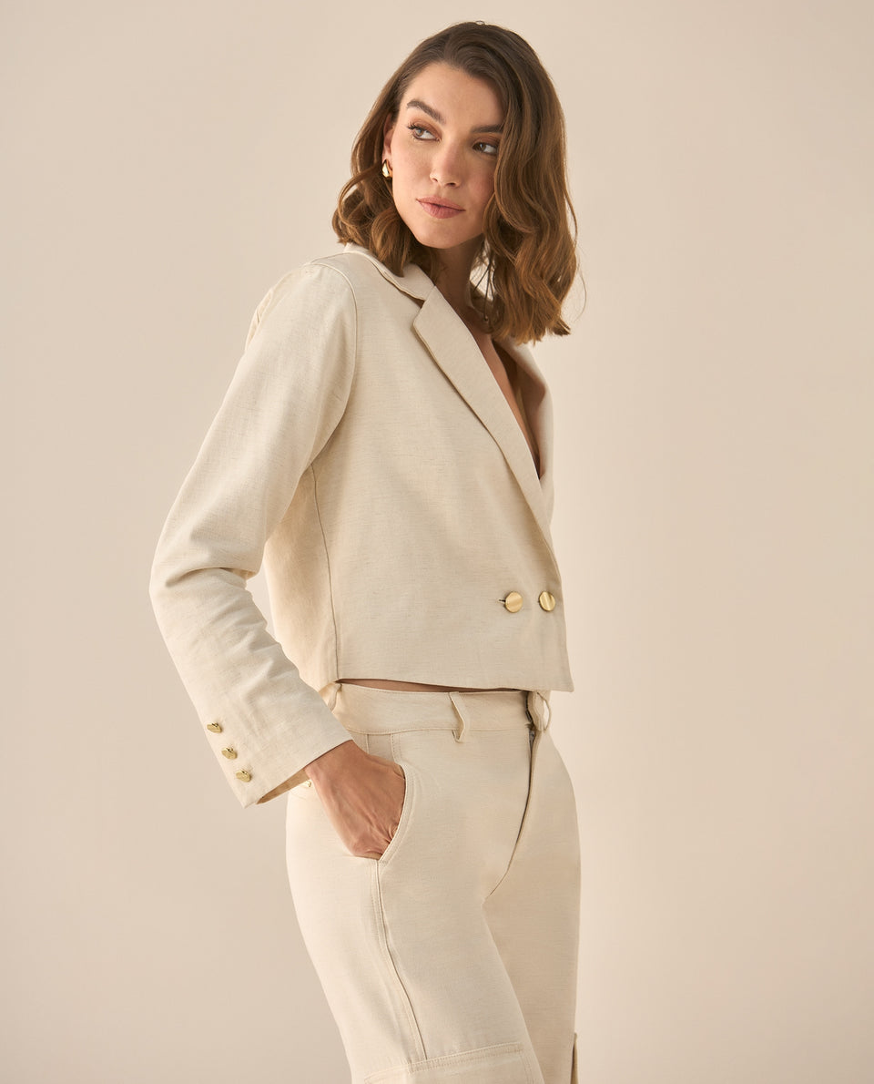 Chaqueta de largo pretinero con cuello de solapa y hombreras para mujer - Crudo 34_423G006_CRU110105_5